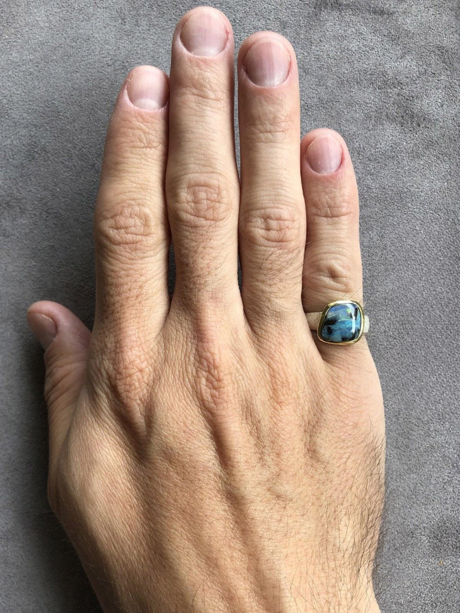 Opal Silber Ring 18k vergoldet blau natürlich massives Valentinstagsgeschenk (Carréeschliff) im Angebot