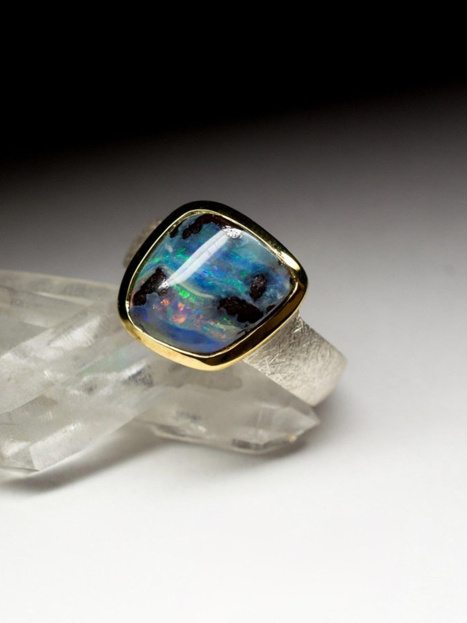 Opal Silver Ring 18k Gold Plated Blue Natural Solid valentine's day gift In New Condition For Sale In Berlin, DE