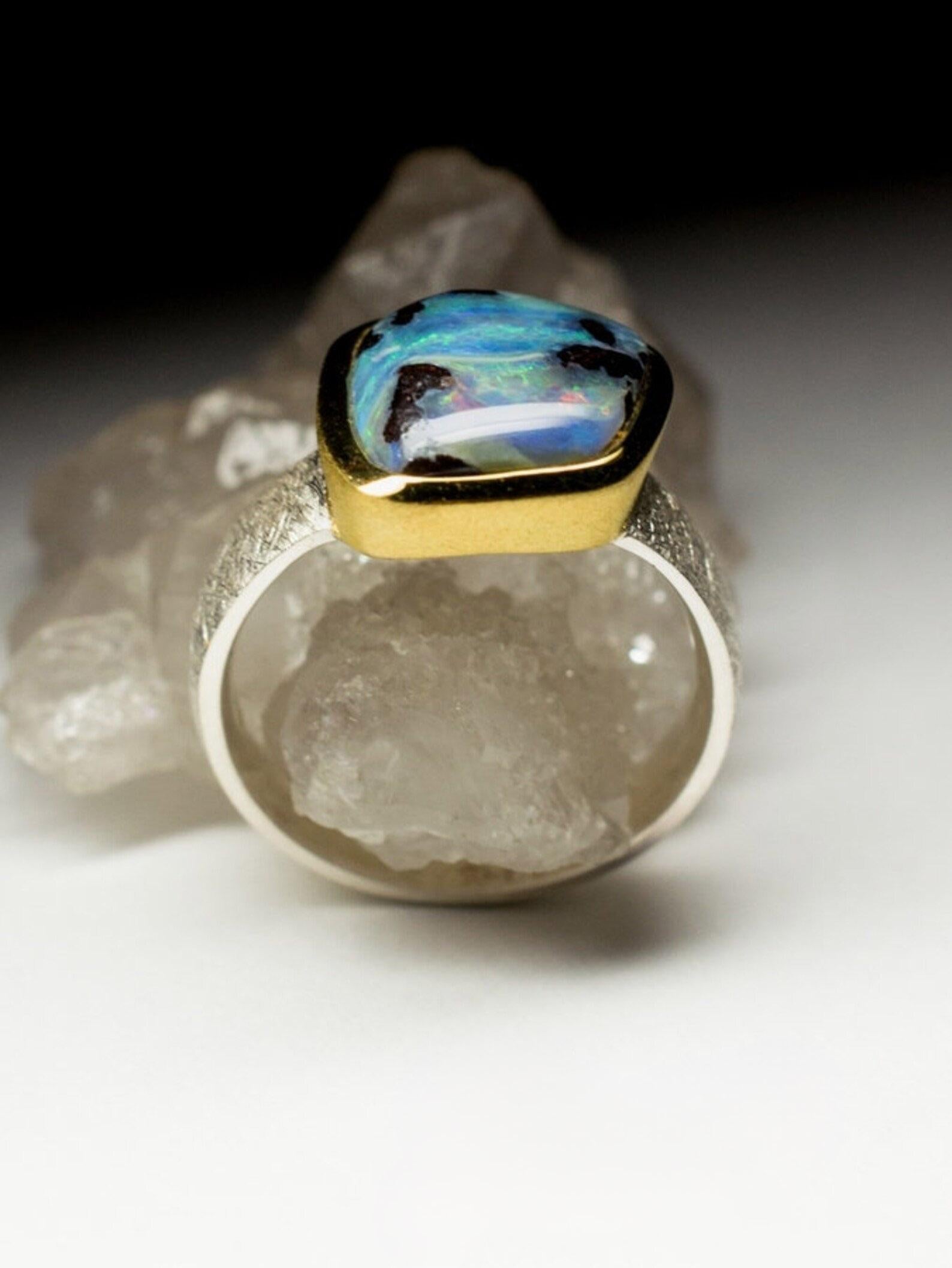 Women's or Men's Opal Silver Ring 18k Gold Plated Blue Natural Solid valentine's day gift For Sale