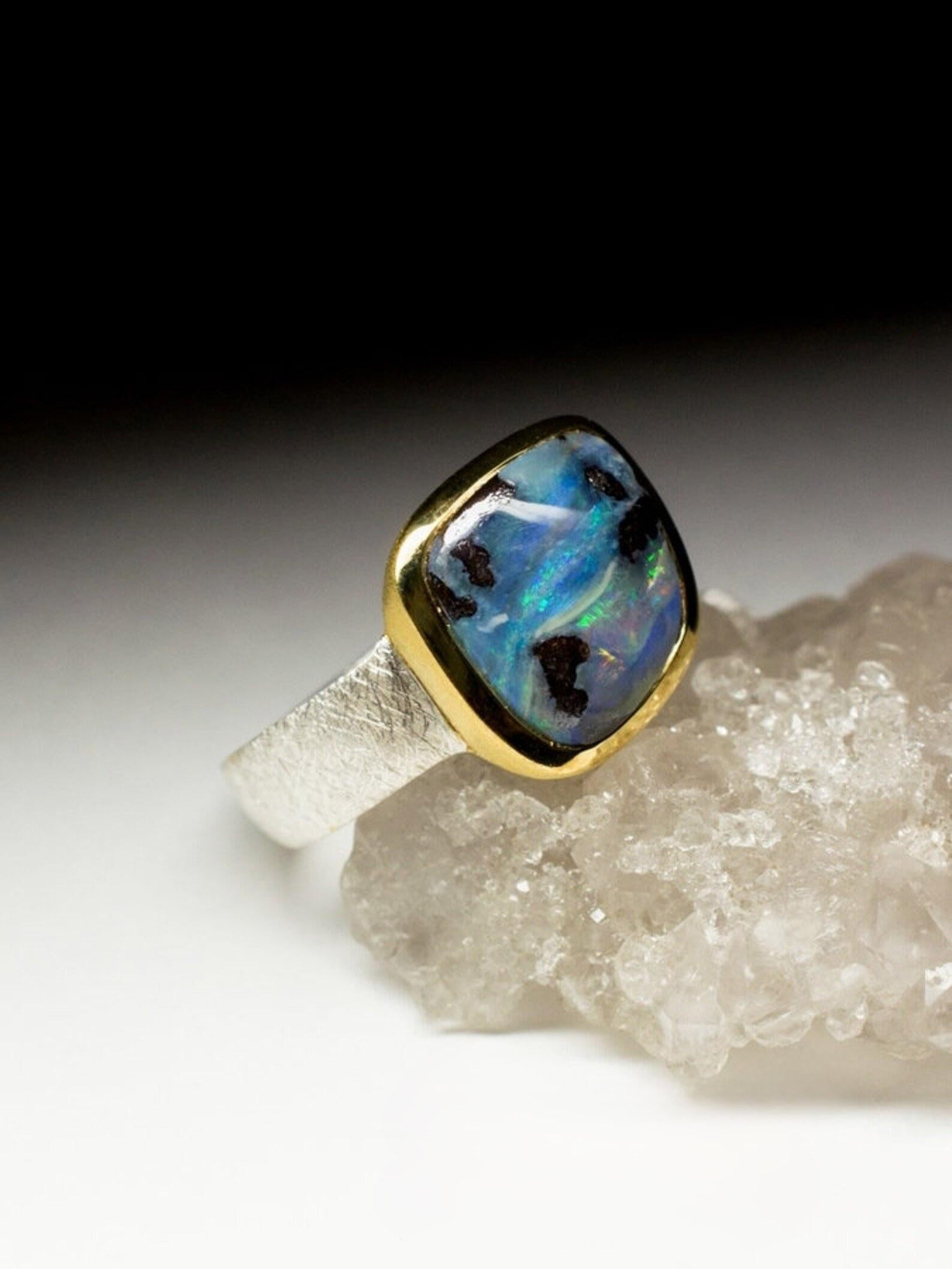 Opal Silber Ring 18k vergoldet blau natürlich massives Valentinstagsgeschenk im Angebot 1