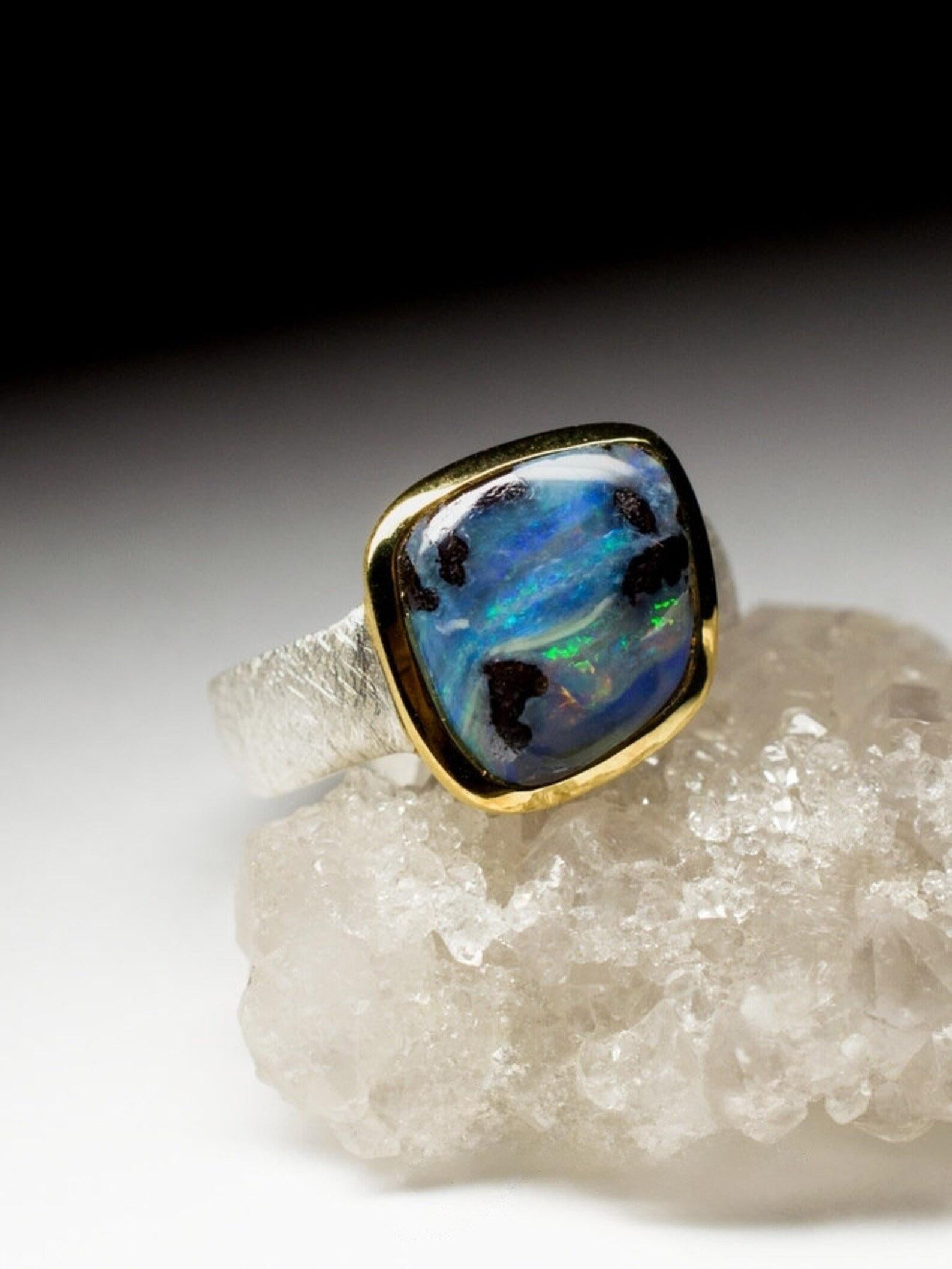 Opal Silver Ring 18k Gold Plated Blue Natural Solid valentine's day gift For Sale 2