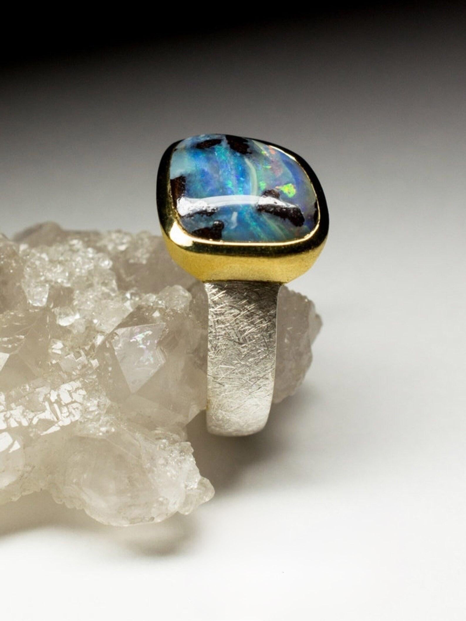 Opal Silber Ring 18k vergoldet blau natürlich massives Valentinstagsgeschenk im Angebot 3
