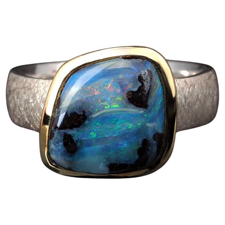 Opal Silver Ring 18k Gold Plated Blue Natural Solid valentine's day gift For Sale