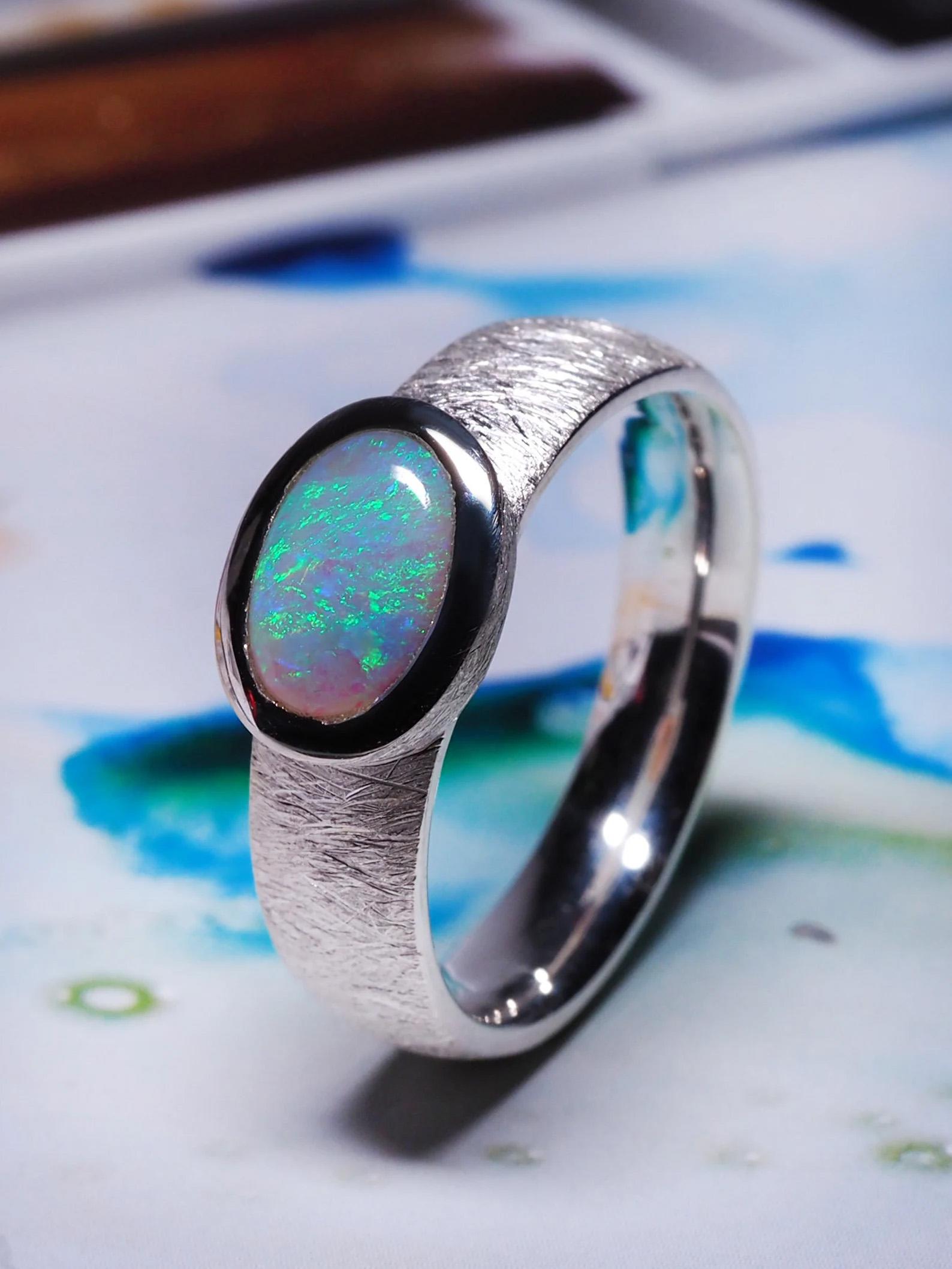 Cabochon Opal Silver Ring Natural Rainbow Australian Gemstone Unisex Jewelry For Sale