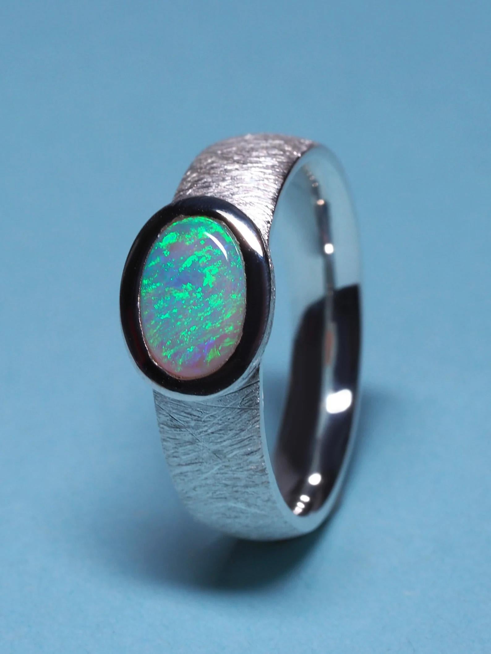 Opal Silver Ring Natural Rainbow Australian Gemstone Unisex Jewelry For Sale 1