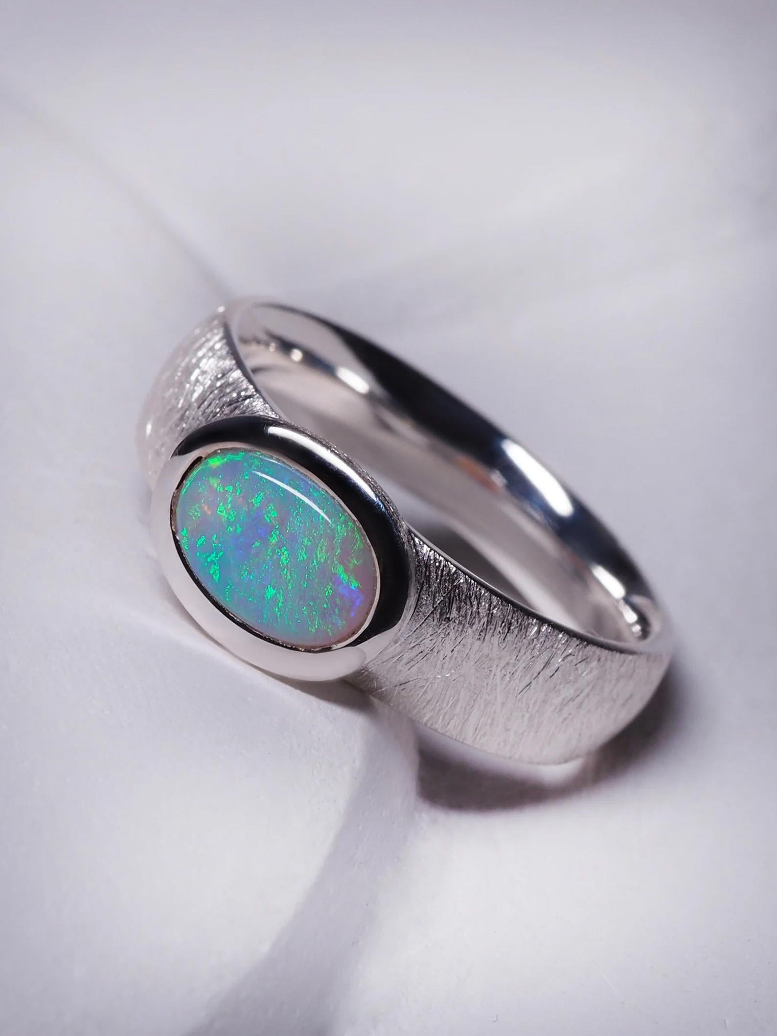 Opal Silber Ring Natürlicher Regenbogen Australischer Edelstein Unisex-Schmuck im Angebot 2