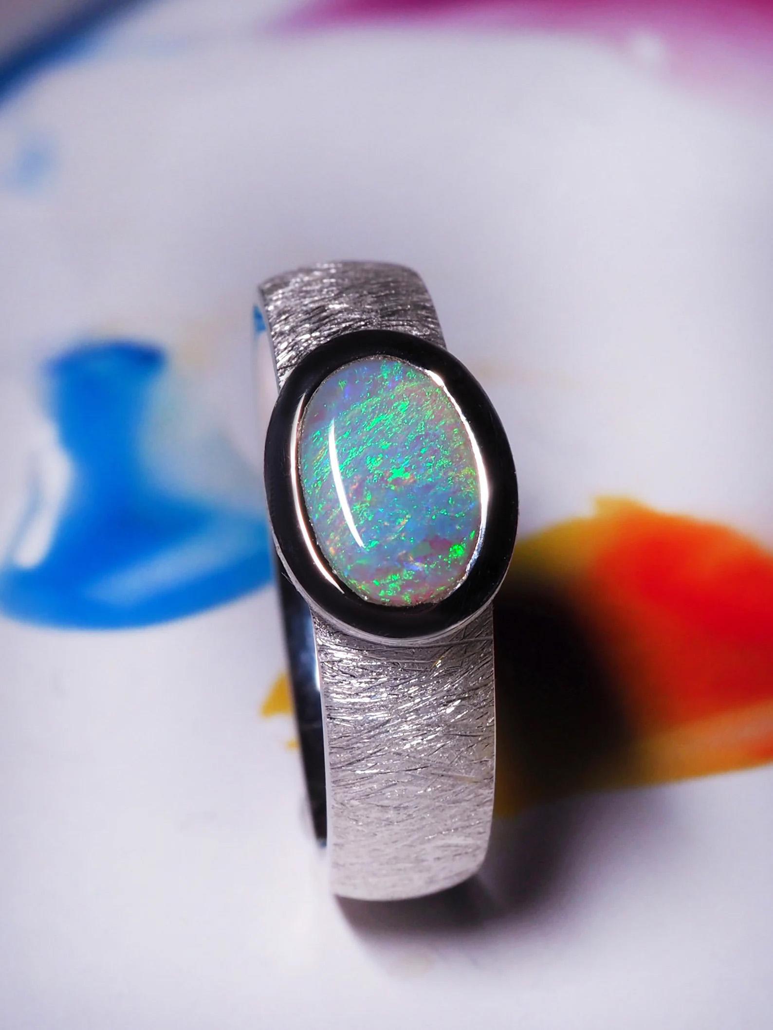 Opal Silber Ring Natürlicher Regenbogen Australischer Edelstein Unisex-Schmuck im Angebot 4