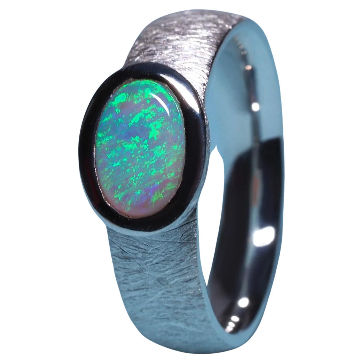 Opal Silber Ring Natürlicher Regenbogen Australischer Edelstein Unisex-Schmuck im Angebot