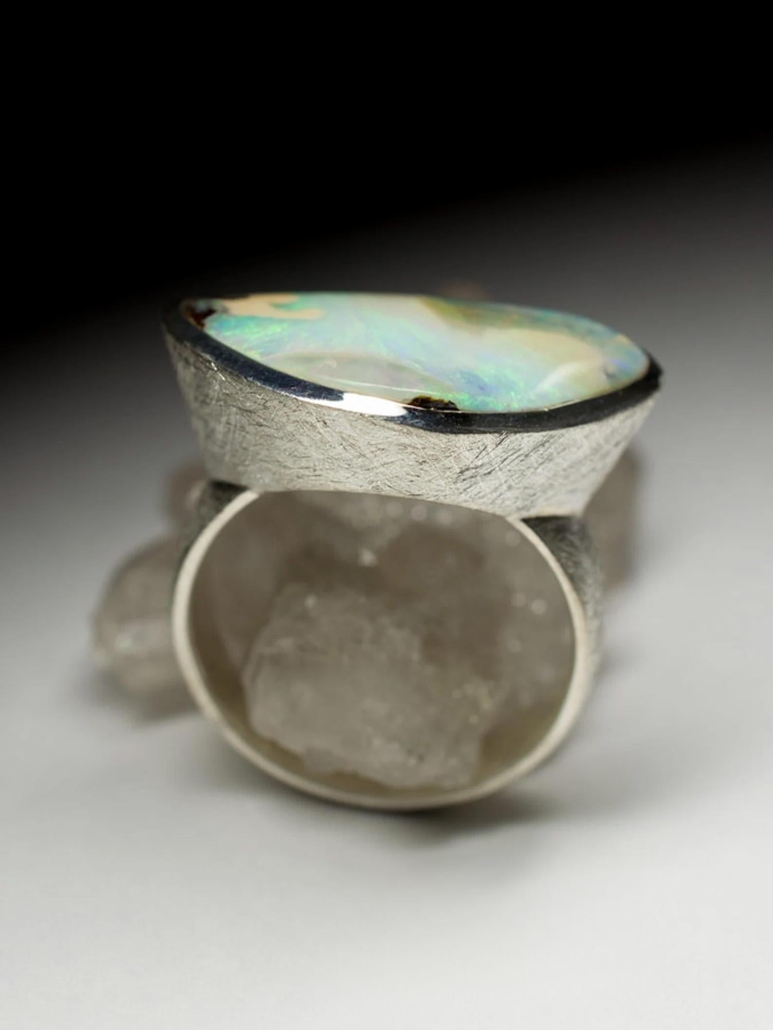 Artisan Opal Silver Ring Triangle Multicolor Neon Sea Green Natural Australian Gemstone  For Sale