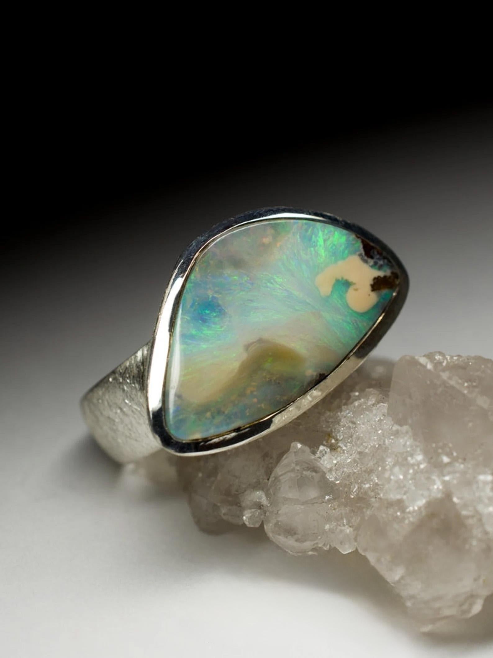 Trillion Cut Opal Silver Ring Triangle Multicolor Neon Sea Green Natural Australian Gemstone  For Sale