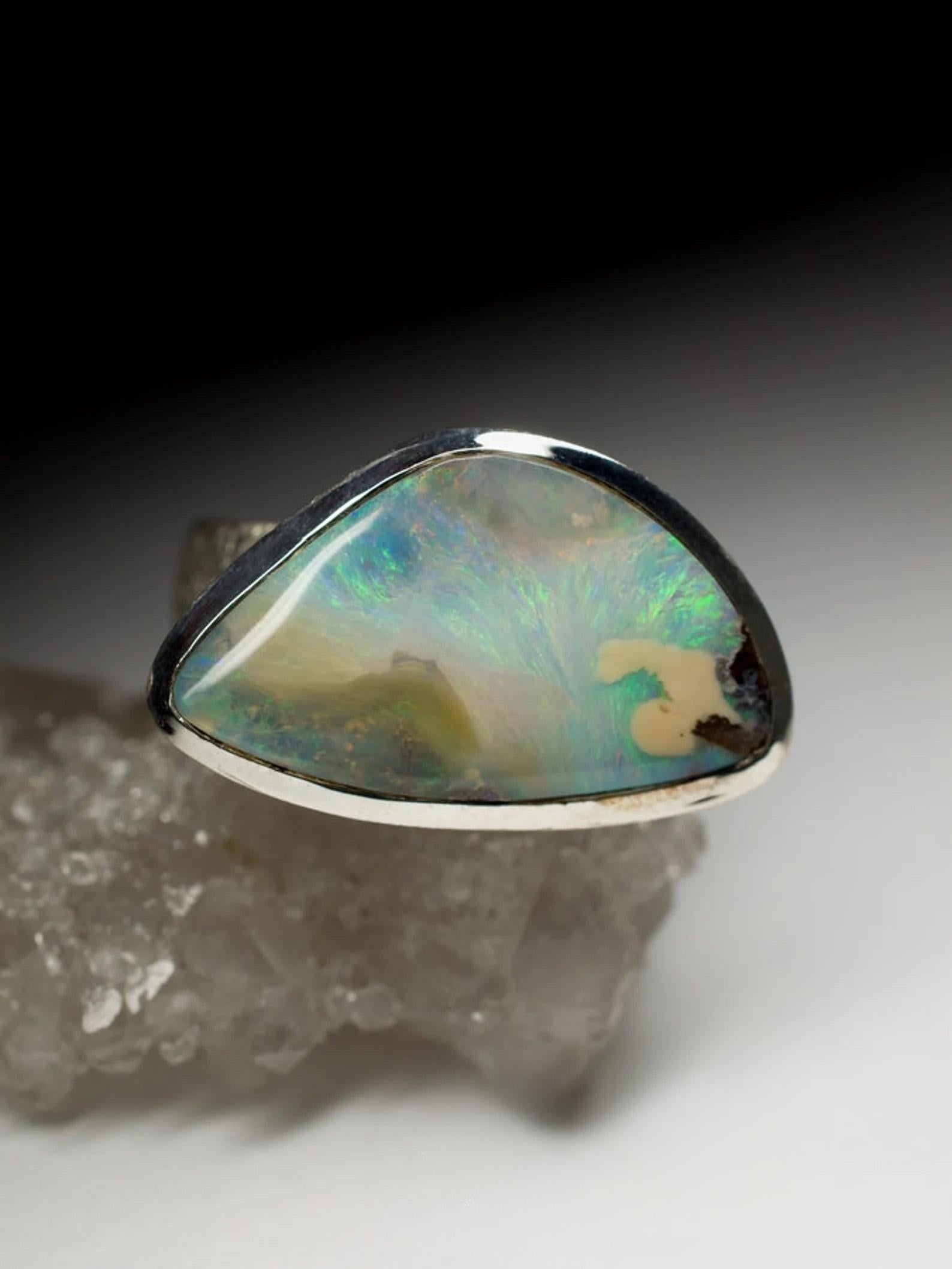Women's or Men's Opal Silver Ring Triangle Multicolor Neon Sea Green Natural Australian Gemstone  For Sale