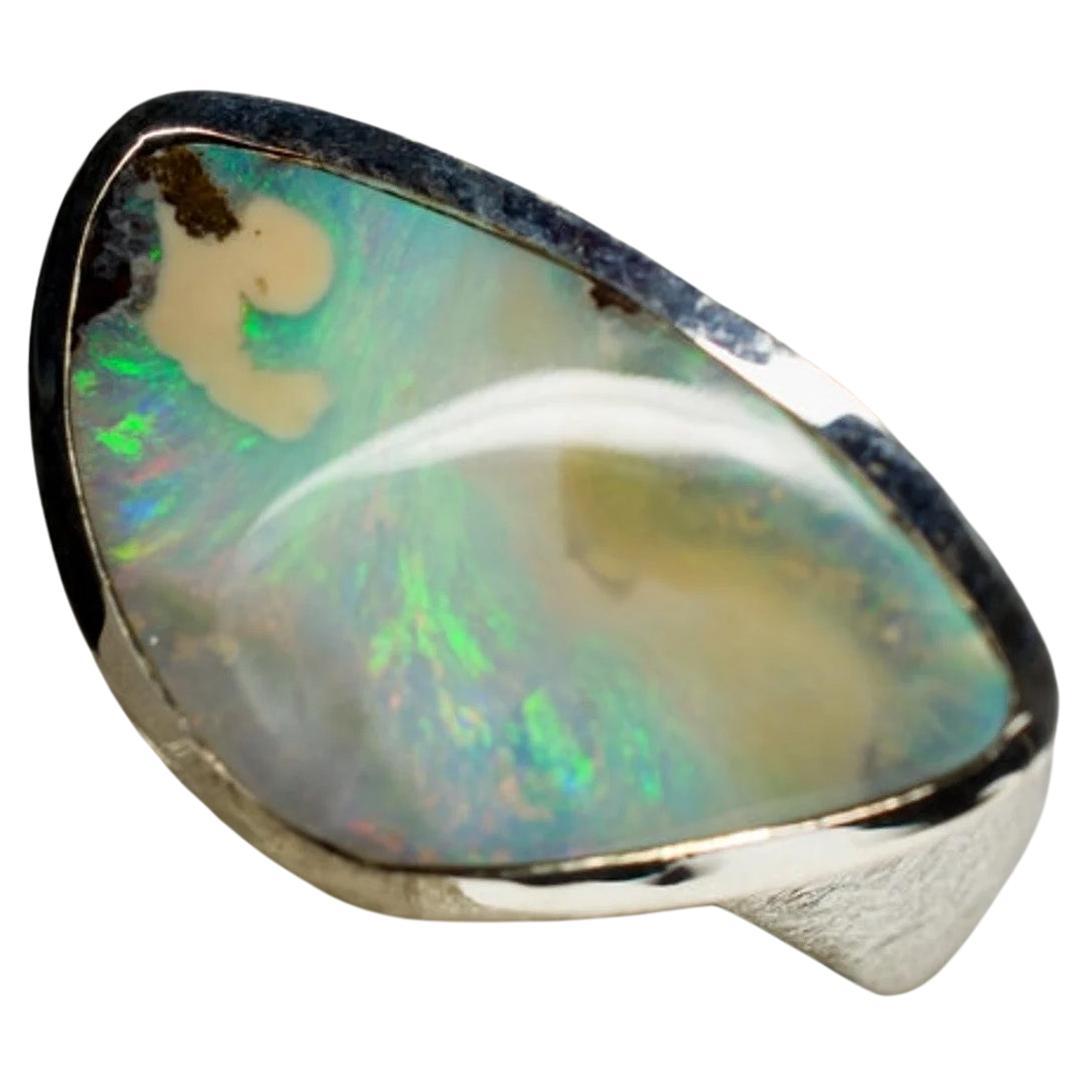 Opal Silver Ring Triangle Multicolor Neon Sea Green Natural Australian Gemstone  For Sale
