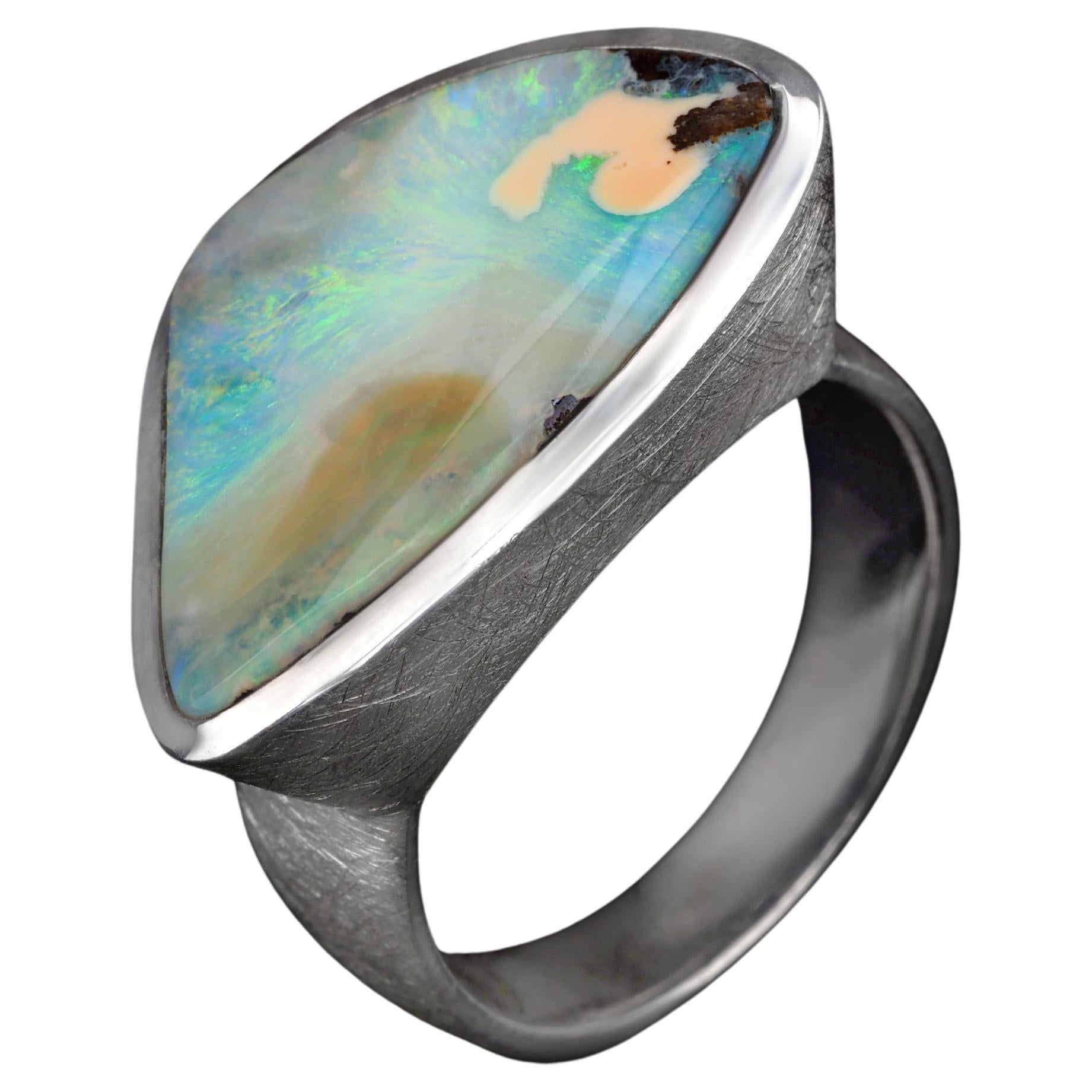 Anello d'argento Opale Triangolo Multicolore Neon Sea Green Gemma Australiana Naturale