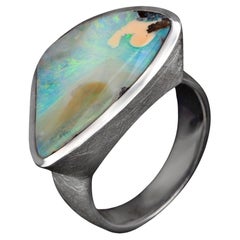 Opal Silber Ring Dreieck Multicolor Neon Meer Grün Natürlicher Australischer Edelstein