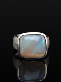 Opal Silver Scratching Ring White Australian Precious Gemstone Unisex Jewelry