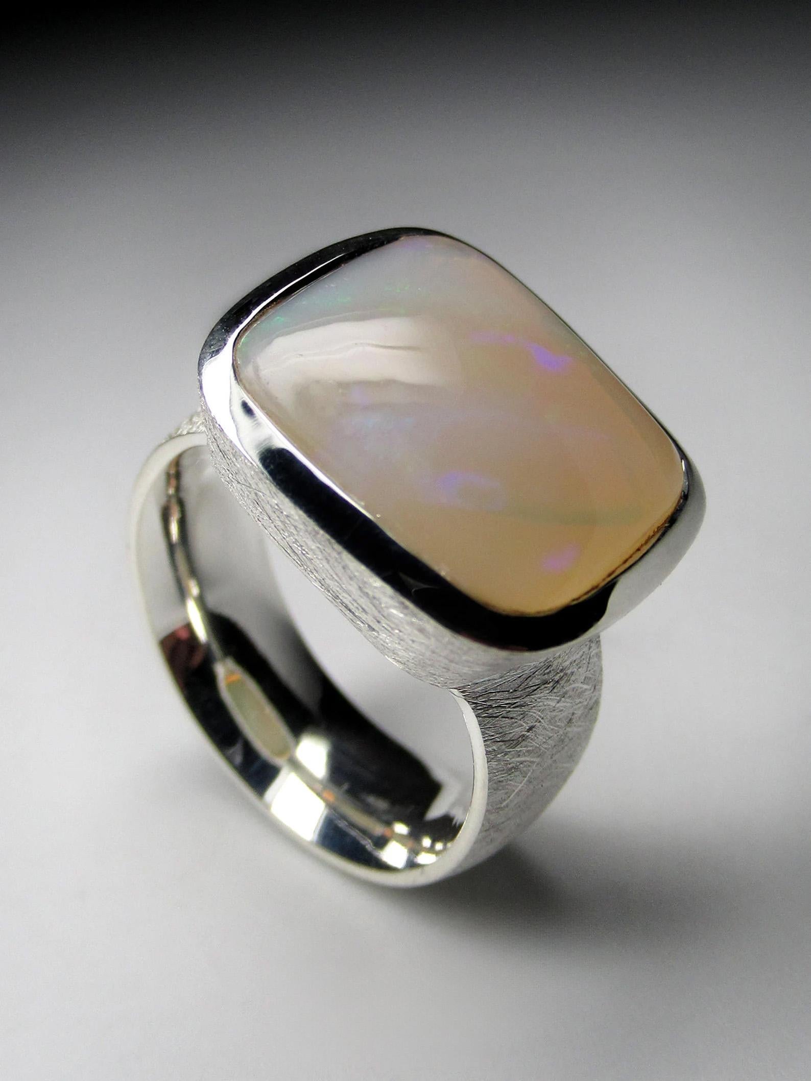 Square Cut Opal Silver Scratching Ring White Australian Precious Gemstone Unisex Jewelry For Sale