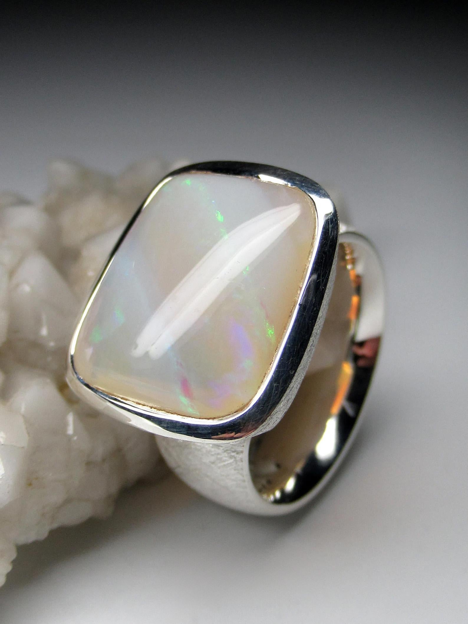 Opal Silver Scratching Ring White Australian Precious Gemstone Unisex Jewelry For Sale 1
