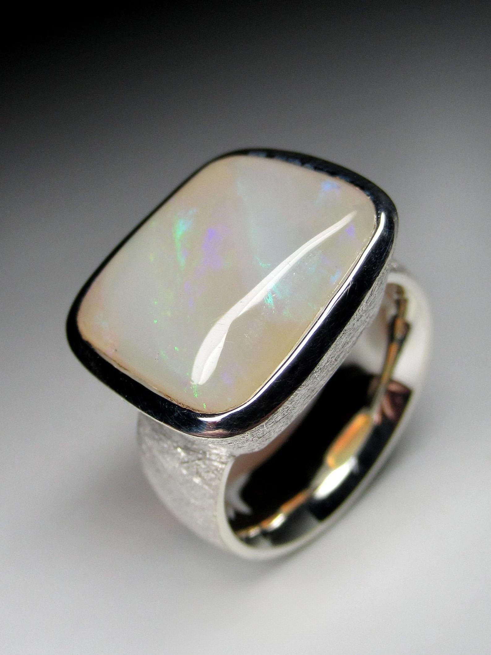 Opal Silver Scratching Ring White Australian Precious Gemstone Unisex Jewelry For Sale 2
