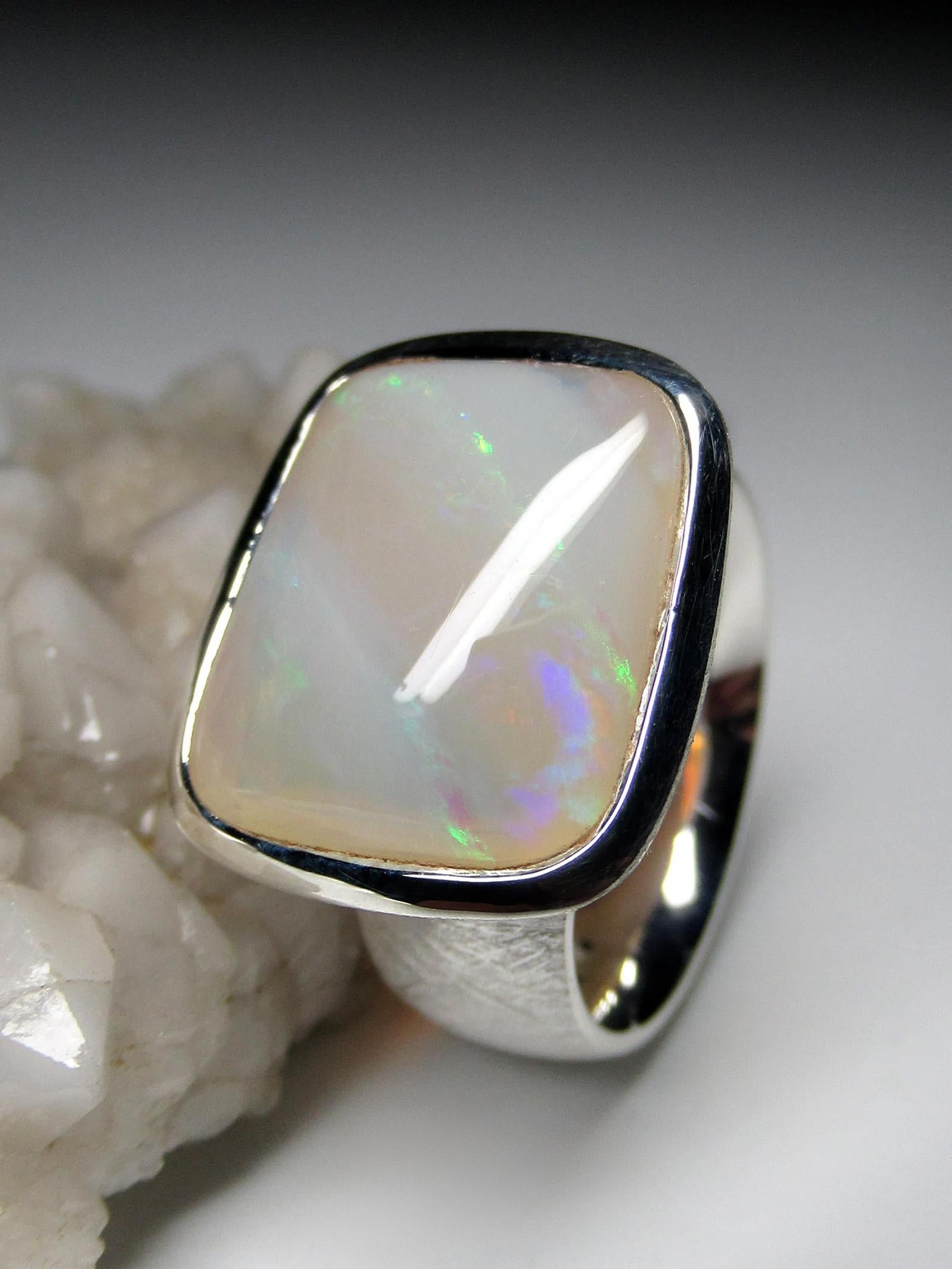 Opal Silver Scratching Ring White Australian Precious Gemstone Unisex Jewelry For Sale 3