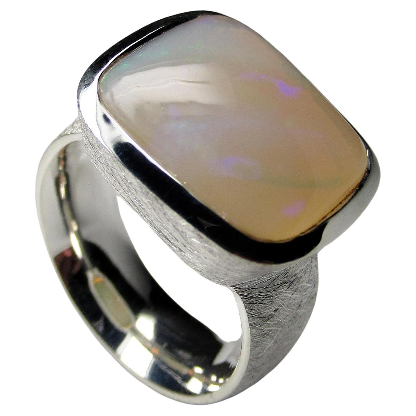 Opal Silver Scratching Ring White Australian Precious Gemstone Unisex Jewelry For Sale