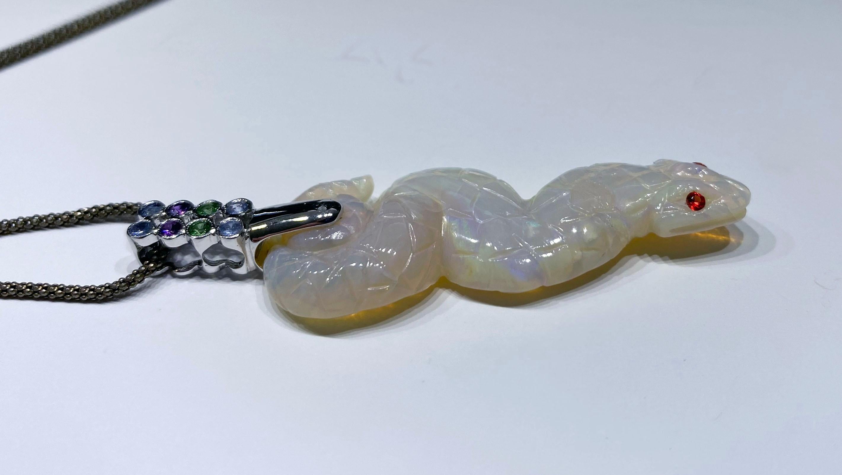 Opal Snake Pendant in 18kt White Gold set with multi colored Sapphires For Sale 4