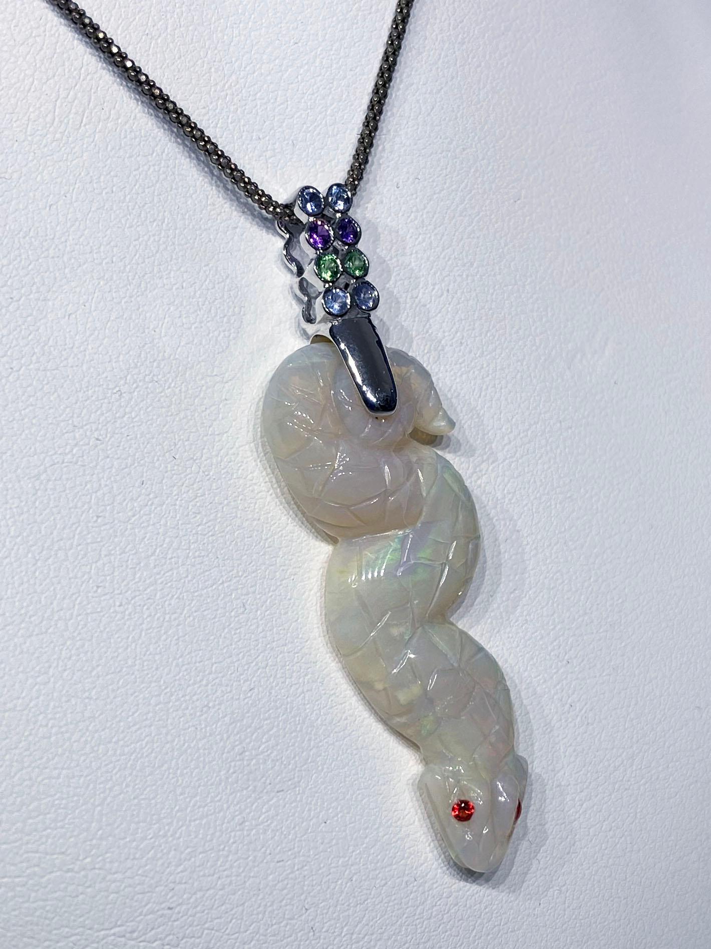 Opal Snake Pendant in 18kt White Gold set with multi colored Sapphires For Sale 6