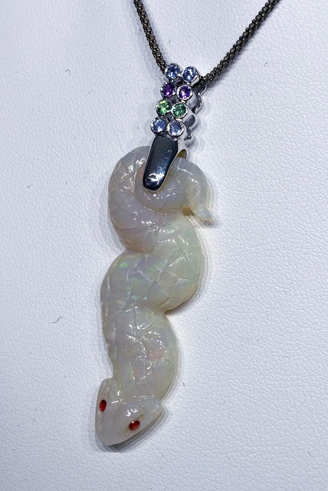 Opal Snake Pendant in 18kt White Gold set with multi colored Sapphires For Sale 7