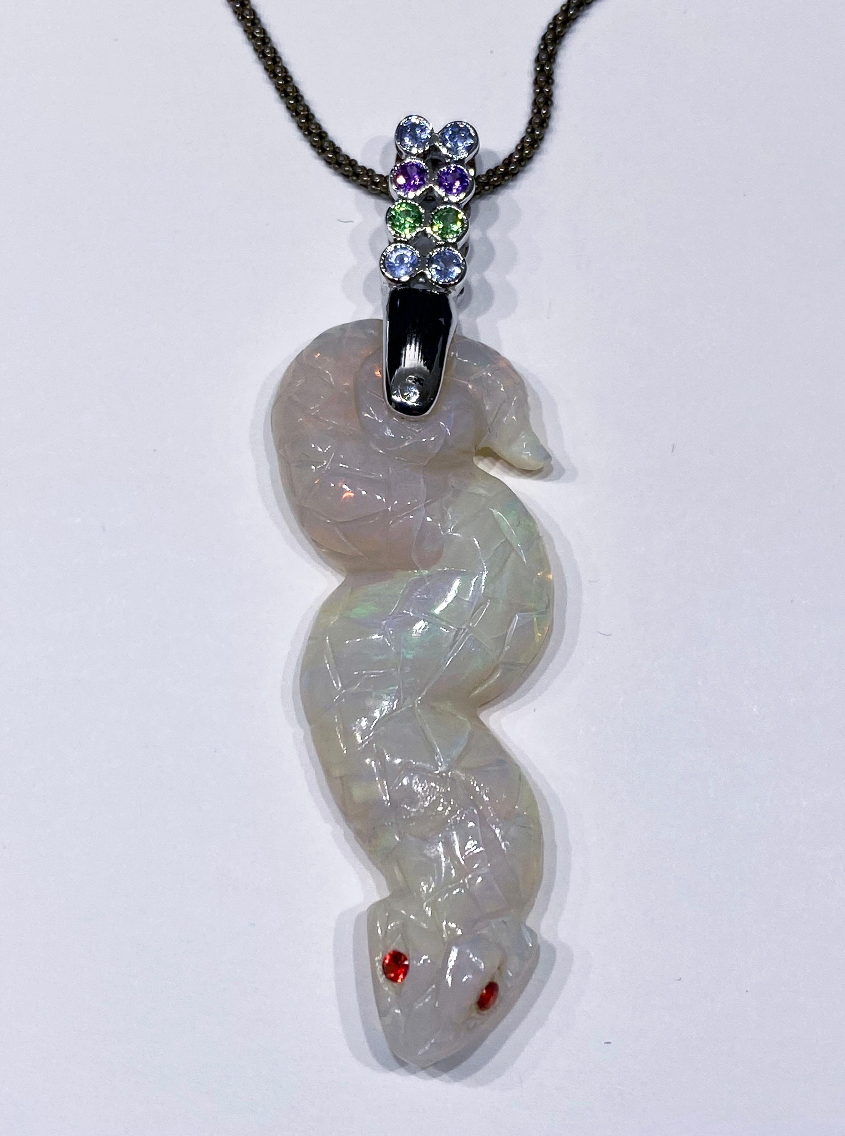 Mixed Cut Opal Snake Pendant in 18kt White Gold set with multi colored Sapphires For Sale