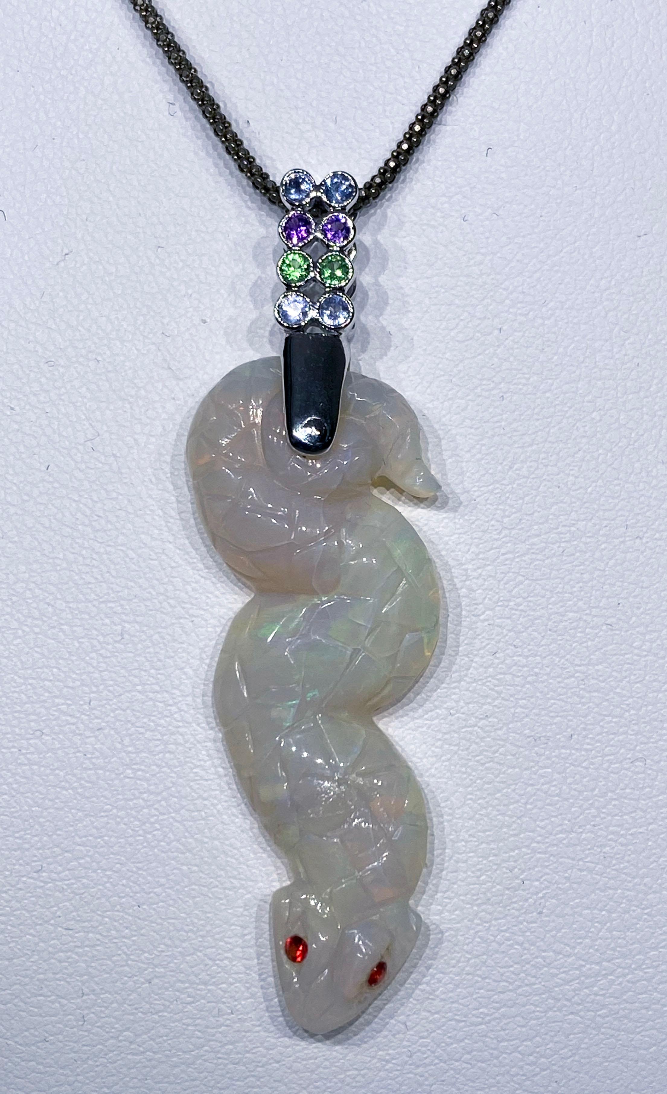 Women's or Men's Opal Snake Pendant in 18kt White Gold set with multi colored Sapphires For Sale