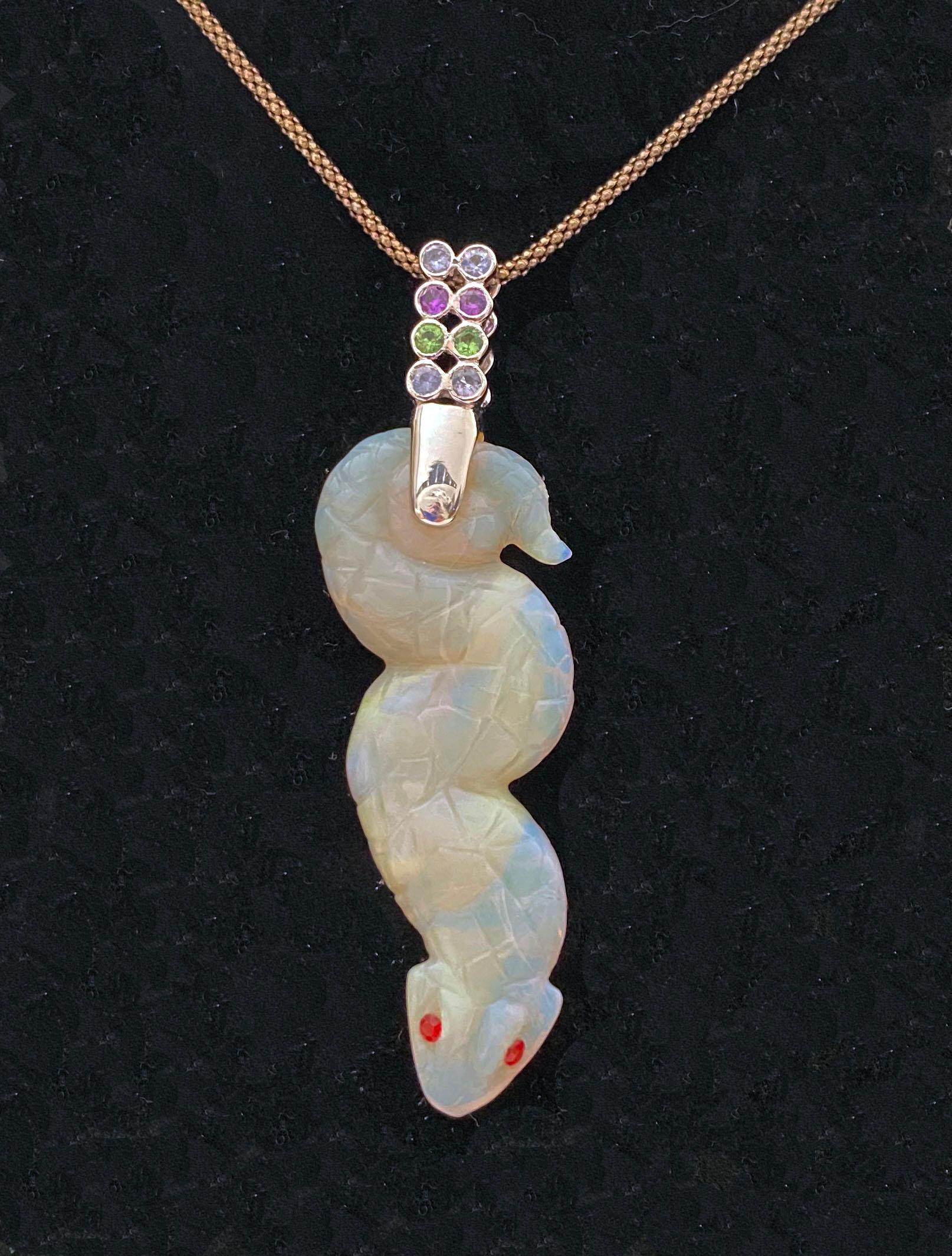 Opal Snake Pendant in 18kt White Gold set with multi colored Sapphires For Sale 1