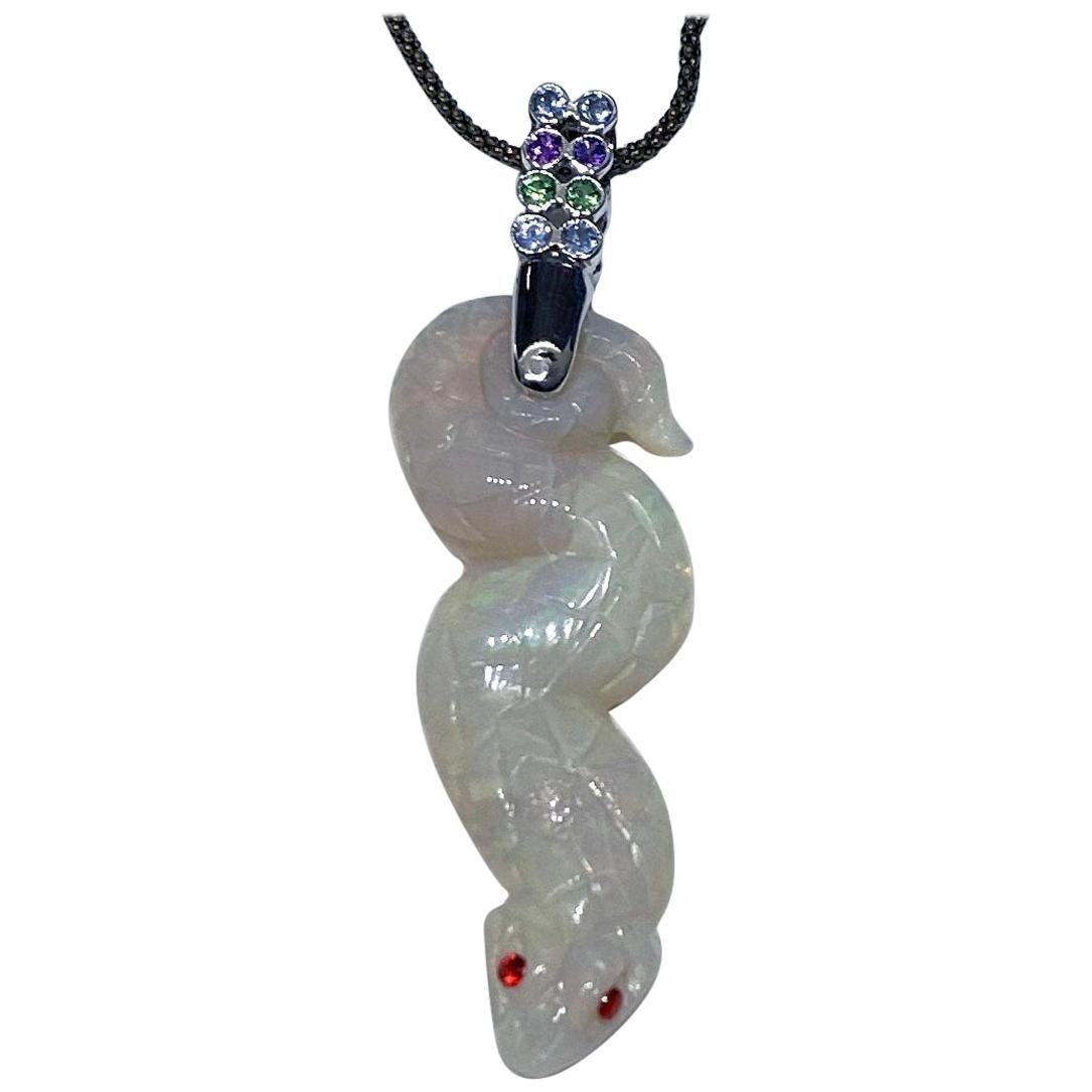 Opal Snake Pendant in 18kt White Gold set with multi colored Sapphires For Sale