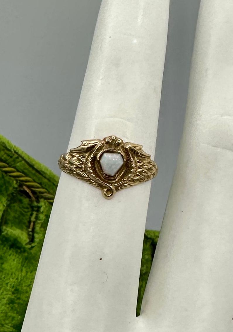 Hexagon Cut Opal Snake Winged Phoenix Bird Ring Egyptian Revival Antique Gold For Sale