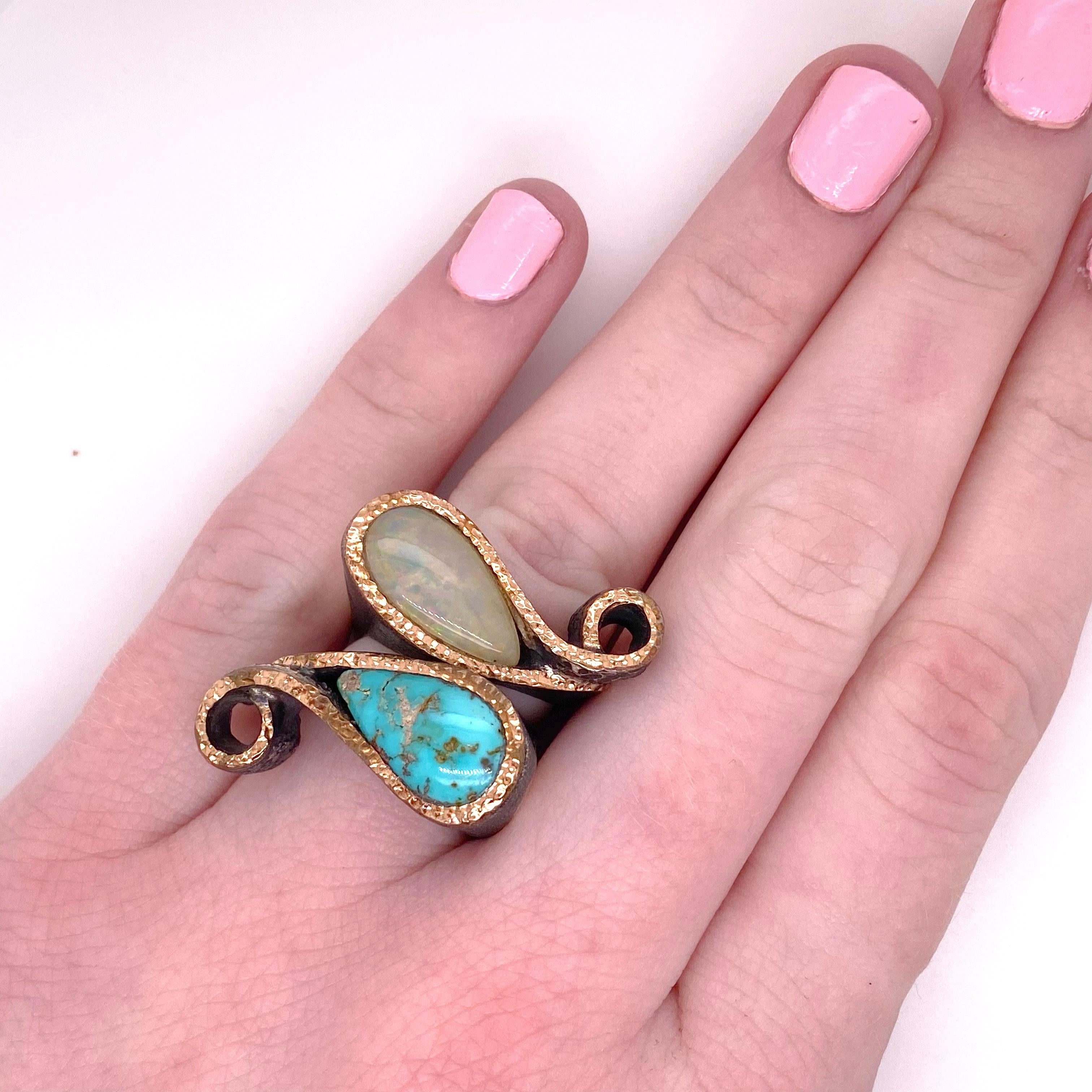 Pear Cut Opal Statement Ring, Mixed Metal Ring Pear Shaped Opal, Australian Opal Ring For Sale