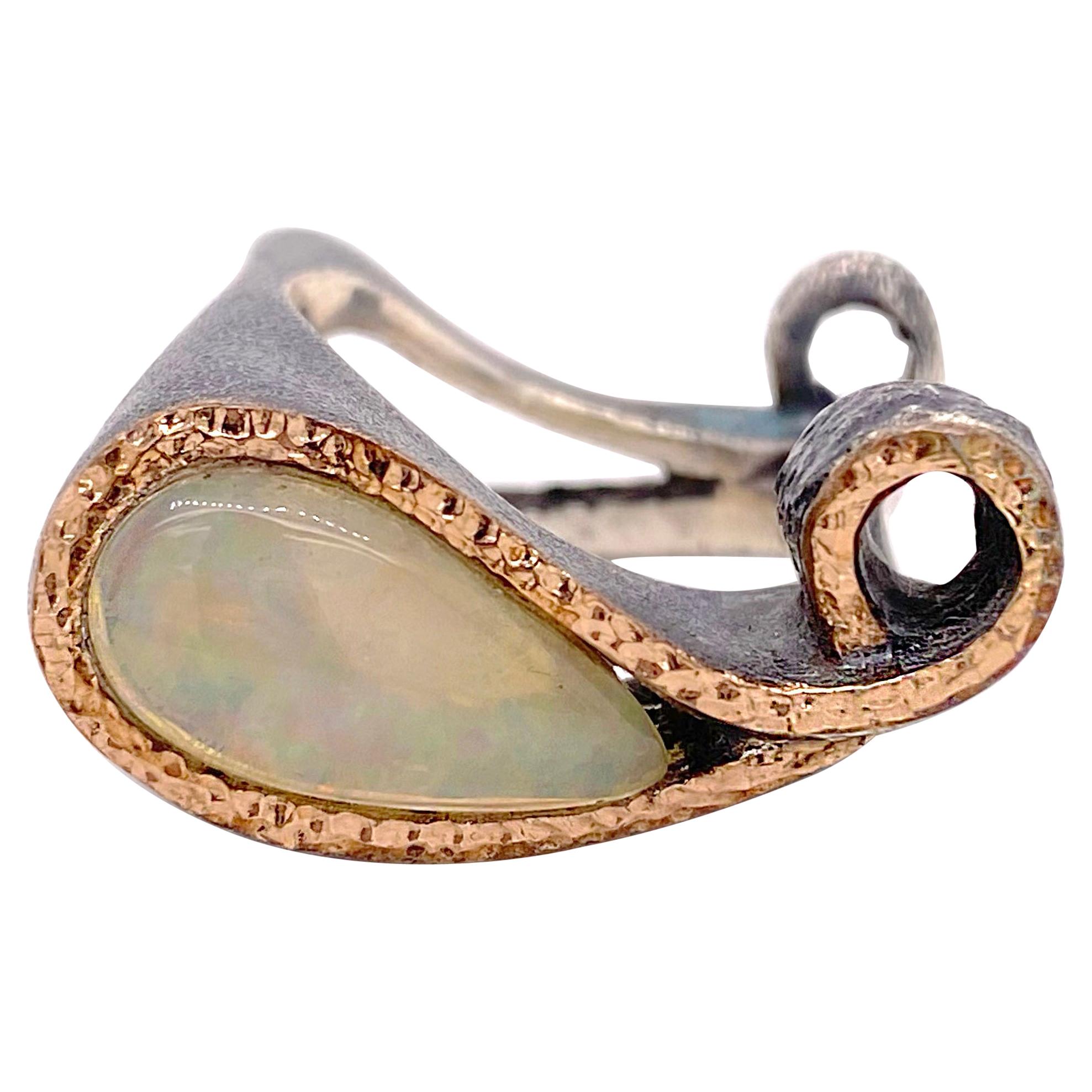 Opal Statement Ring, Mixed Metal Ring Pear Shaped Opal, Australian Opal Ring