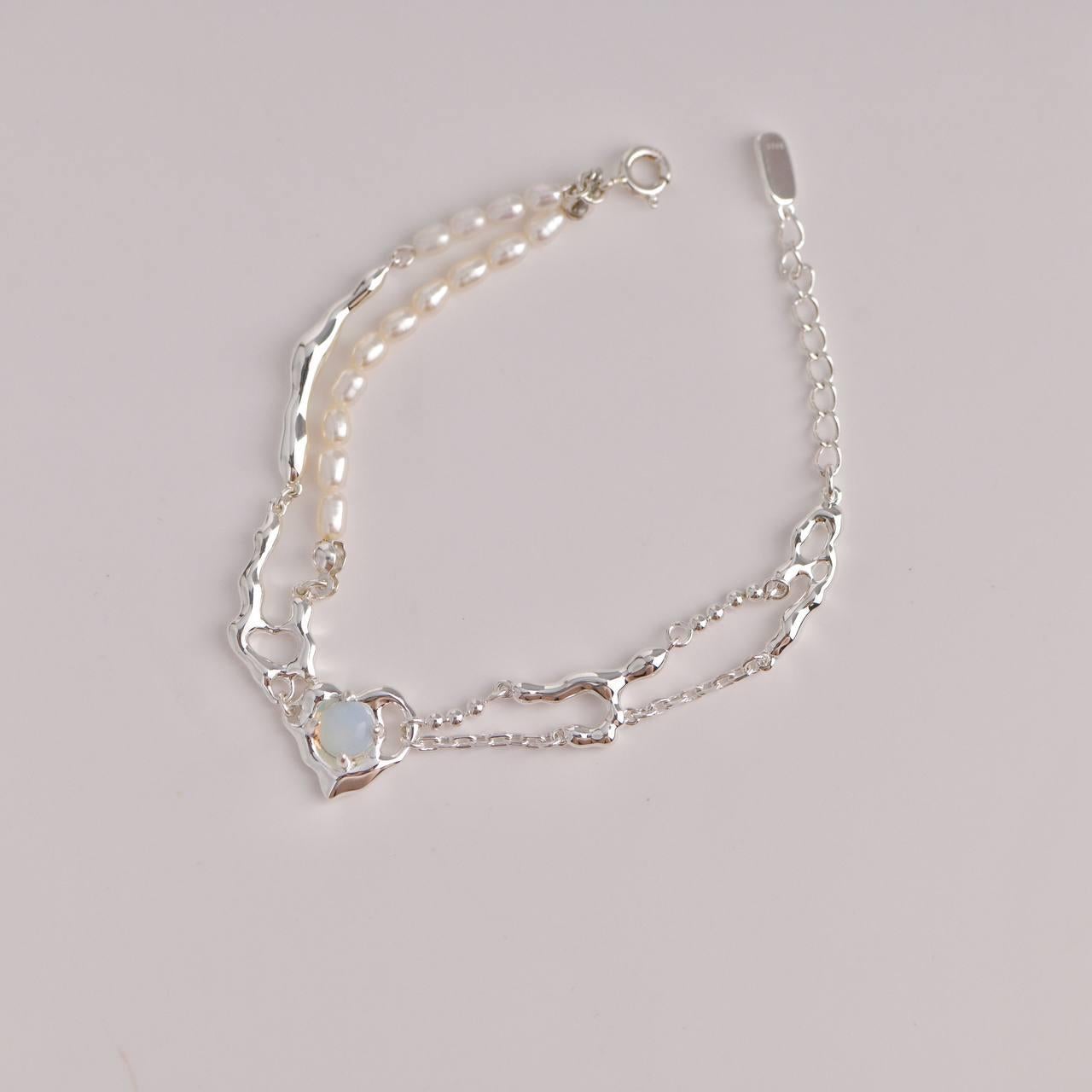 Bead Opal Stone with Freshwater Pearl Silver Bracelet For Sale