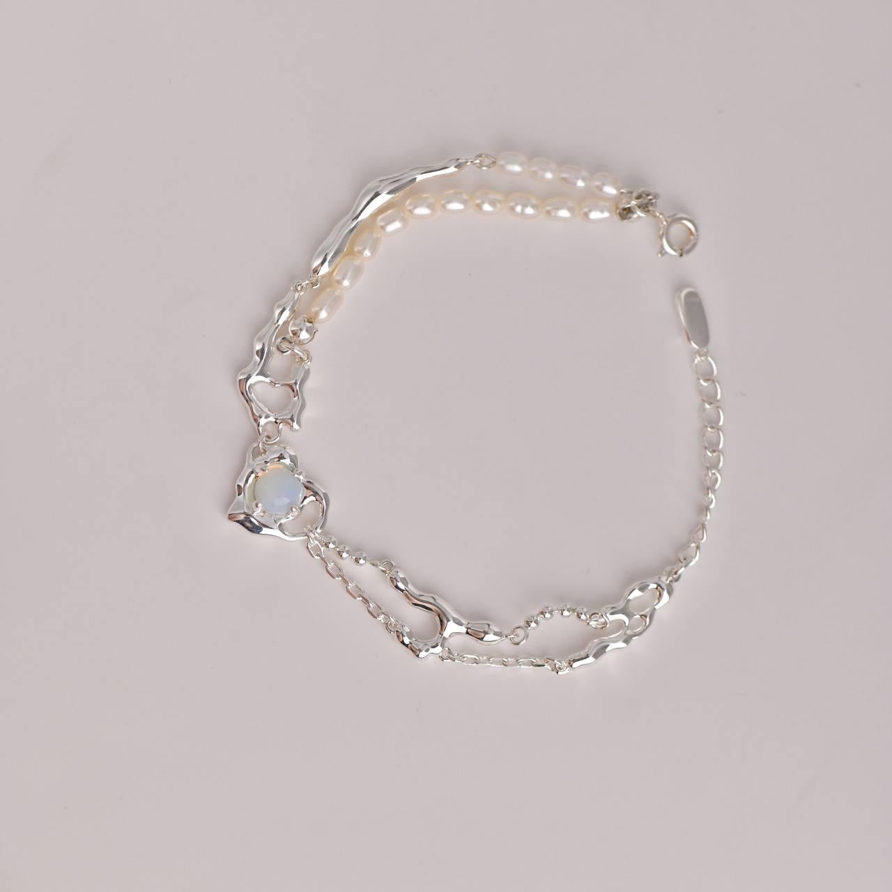 Women's or Men's Opal Stone with Freshwater Pearl Silver Bracelet For Sale
