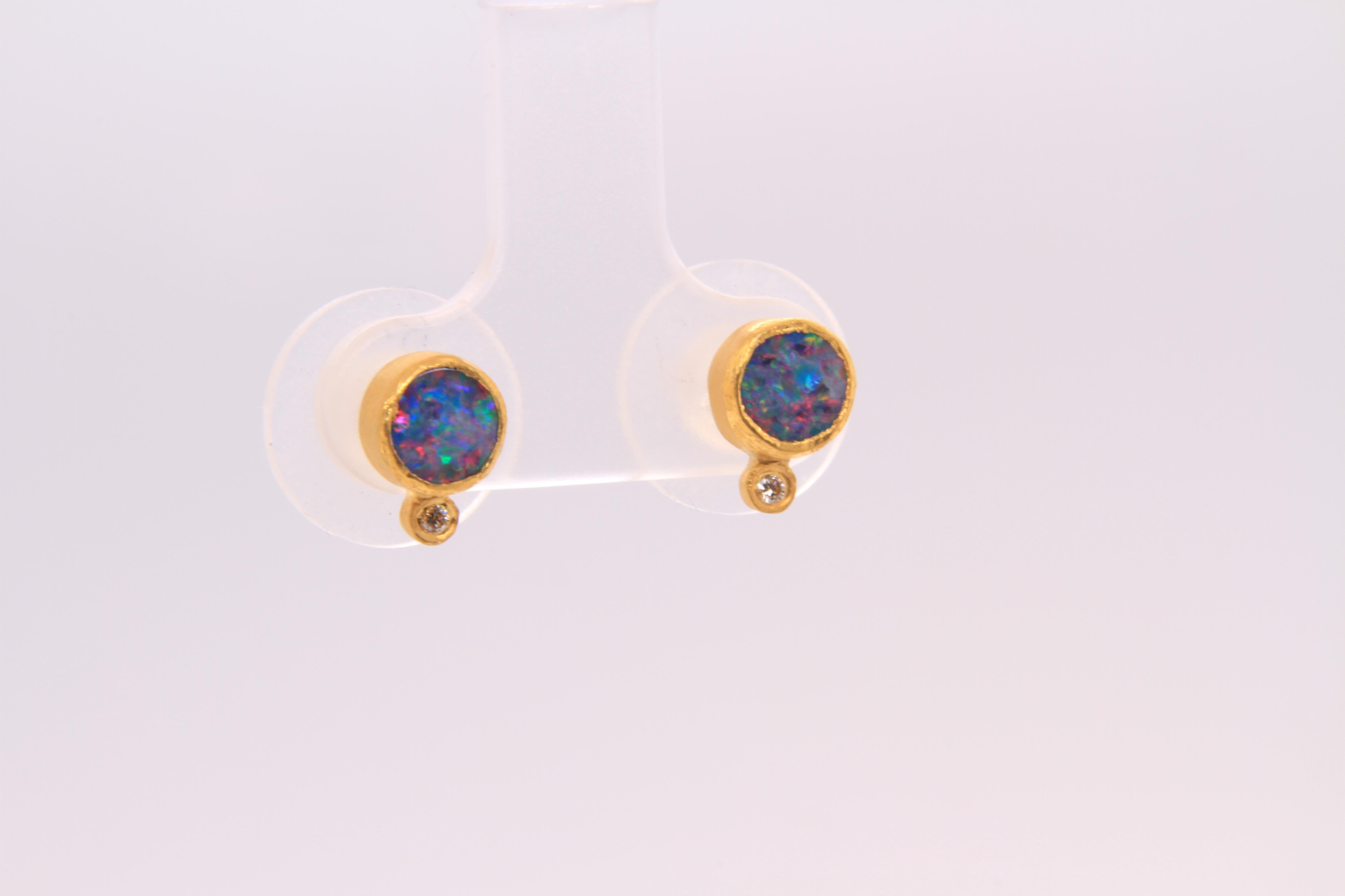 Bright Rainbow Opal Stud Earrings with Diamonds, Solid 24K by Kurtulan 1