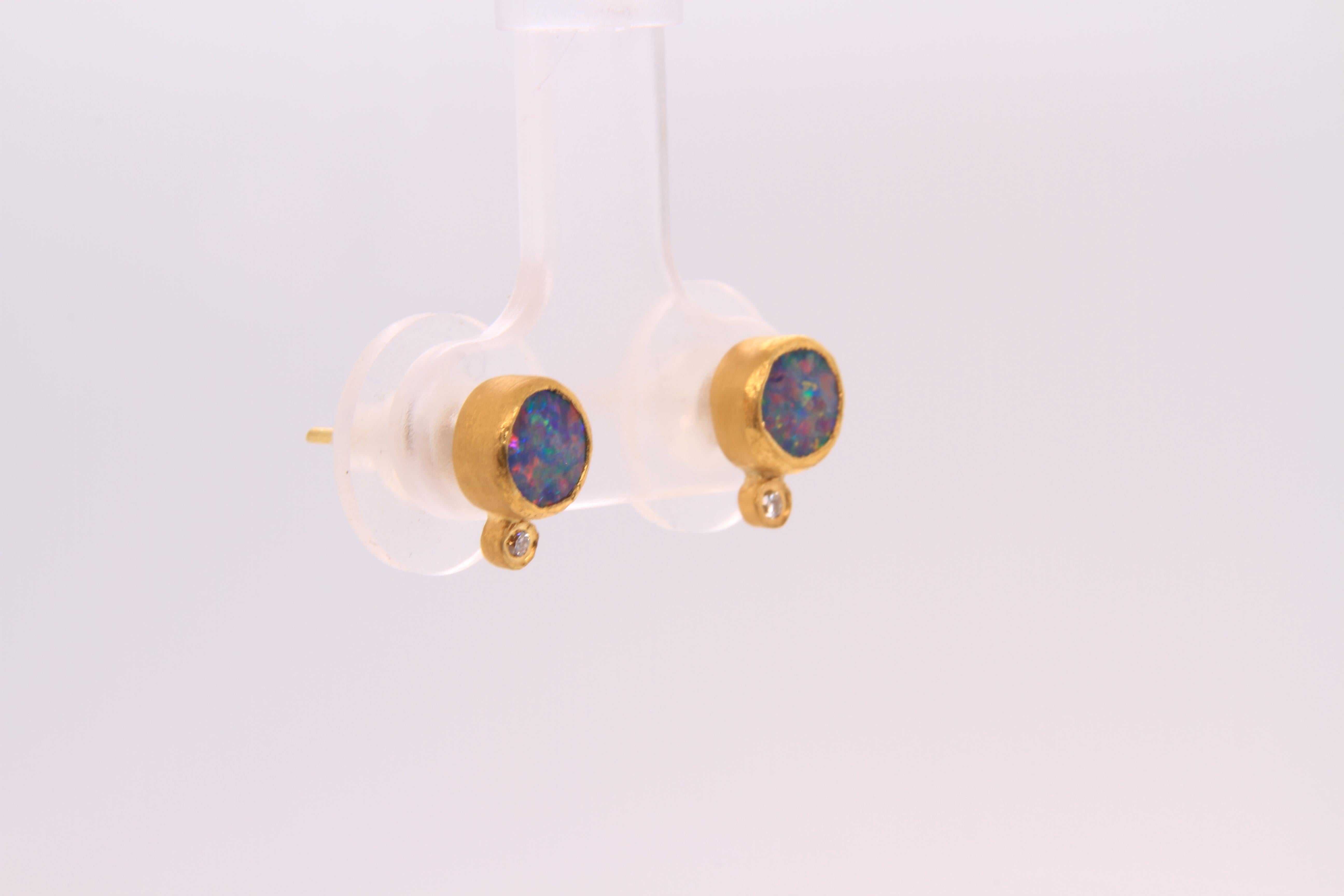 Bright Rainbow Opal Stud Earrings with Diamonds, Solid 24K by Kurtulan 2