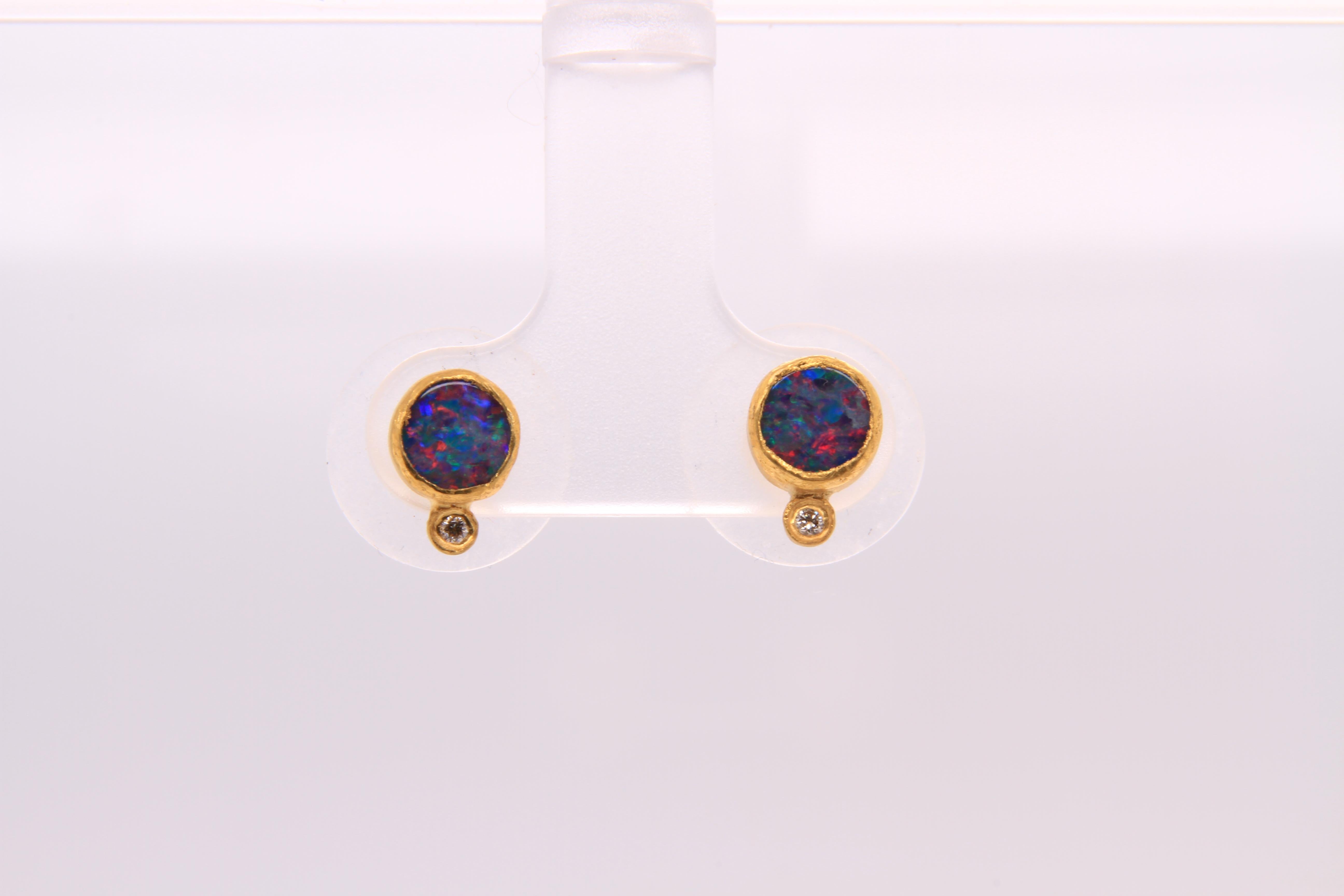 Bright Rainbow Opal Stud Earrings with Diamonds, Solid 24K by Kurtulan 3