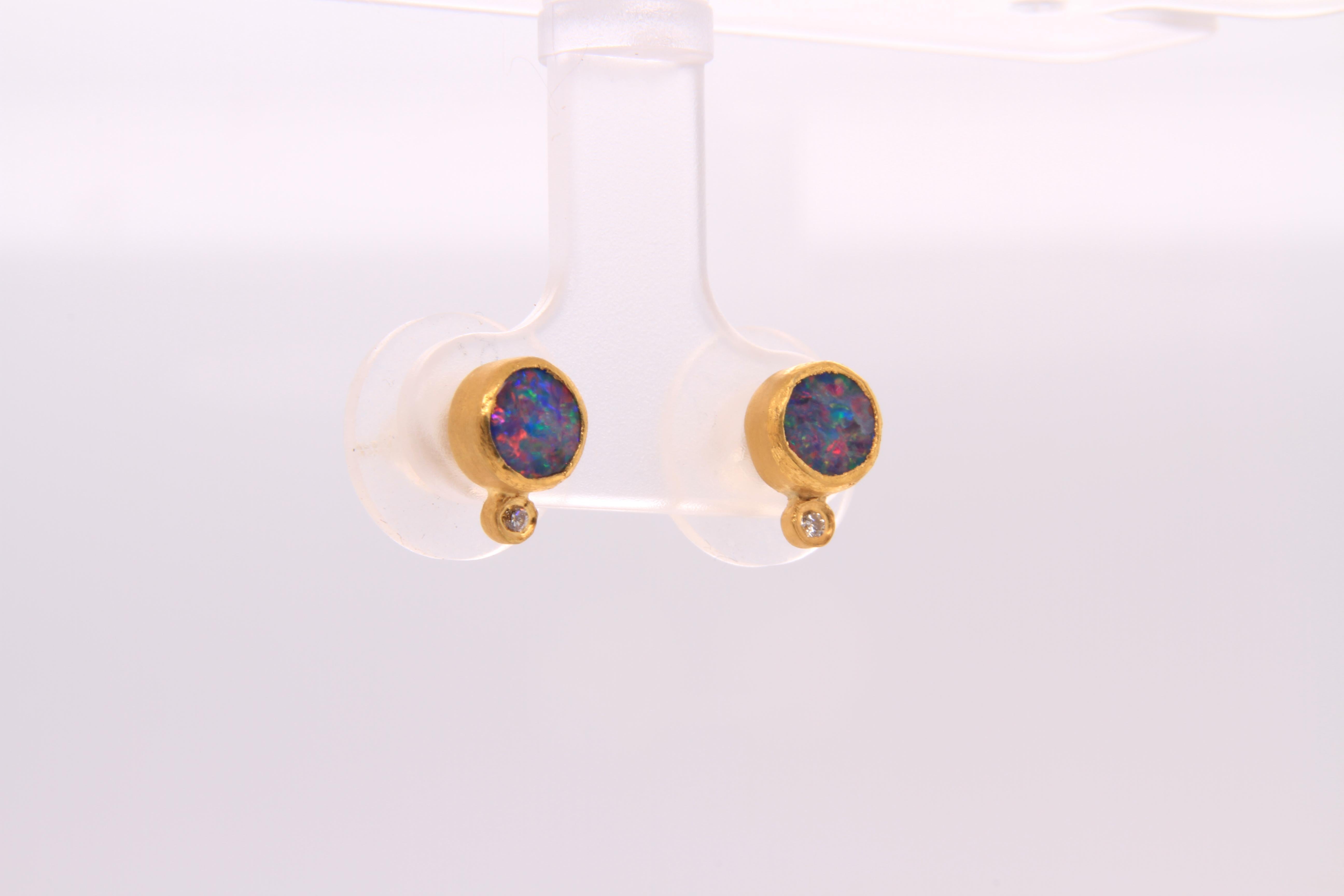 Bright Rainbow Opal Stud Earrings with Diamonds, Solid 24K by Kurtulan 4