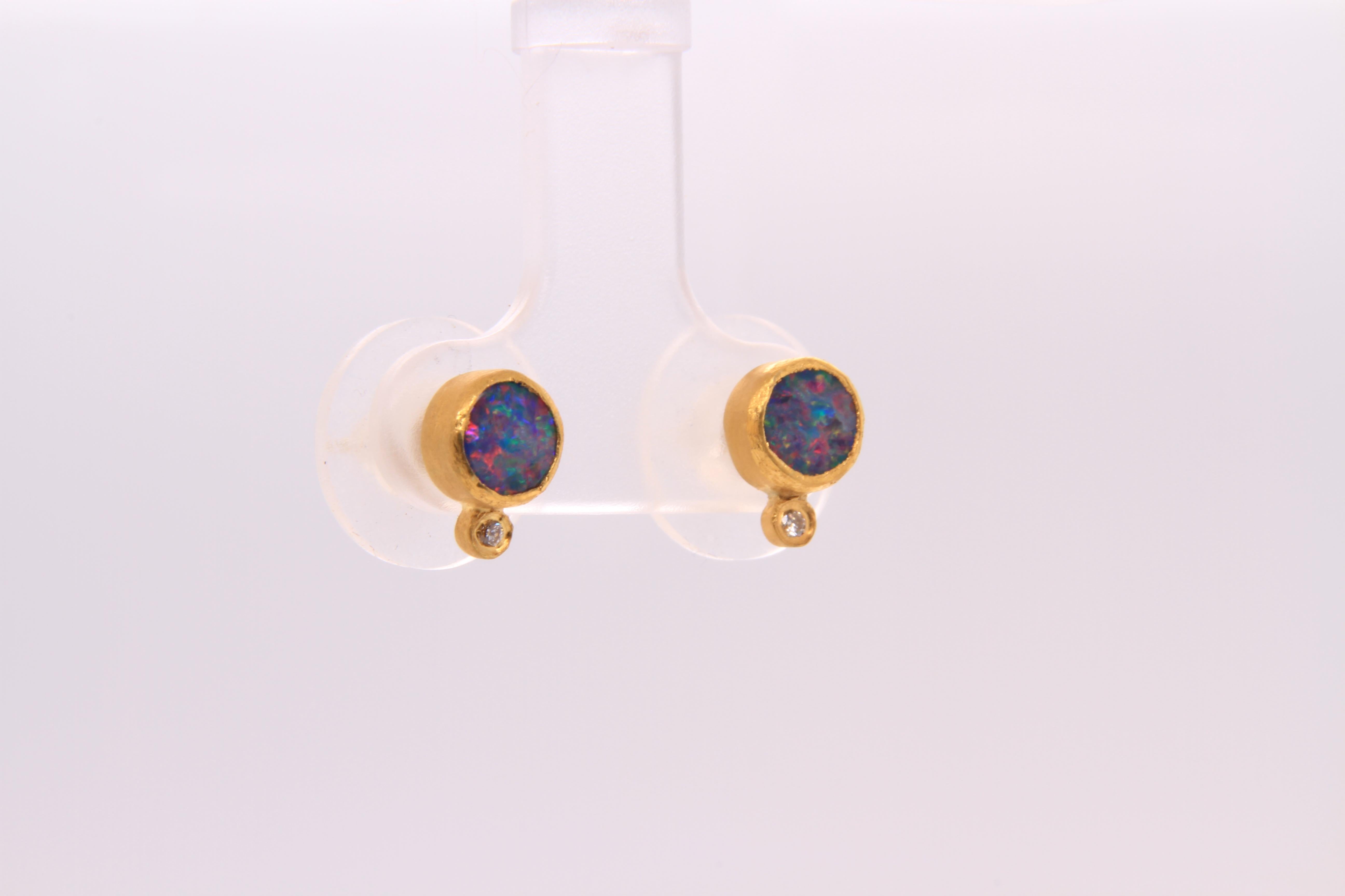 Bright Rainbow Opal Stud Earrings with Diamonds, Solid 24K by Kurtulan 5