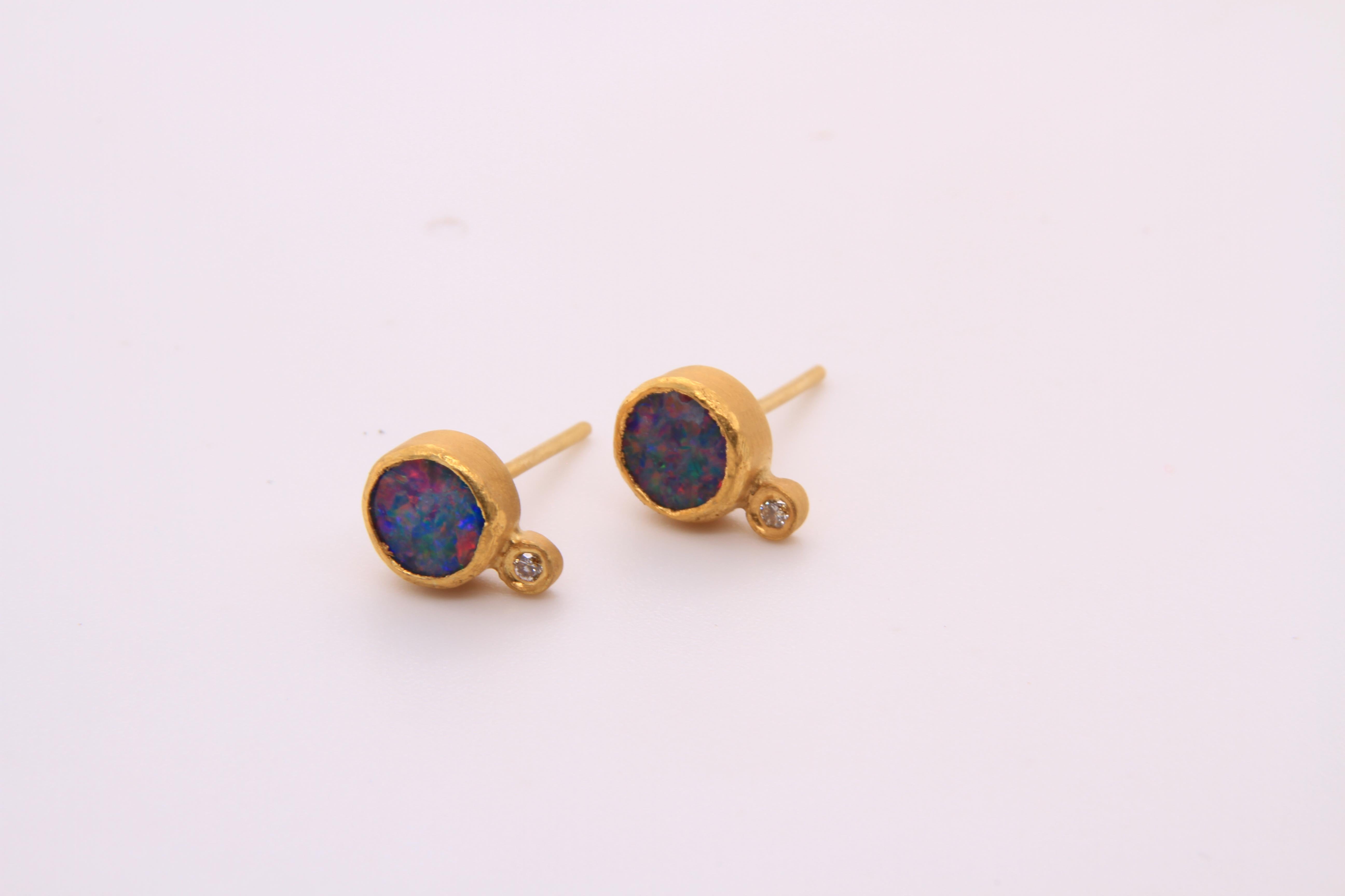 Bright Rainbow Opal Stud Earrings with Diamonds, Solid 24K by Kurtulan 6