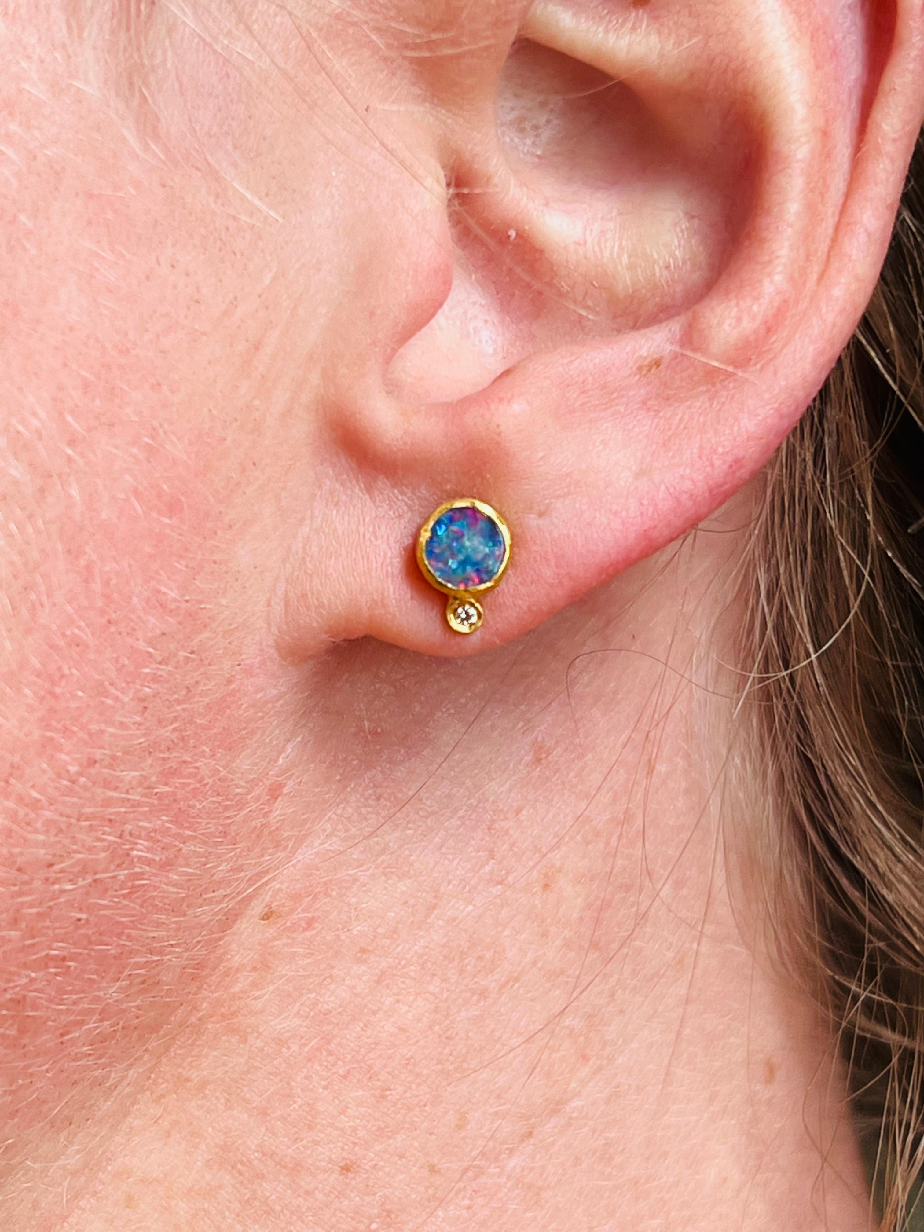 Opal with Diamond, Solid 24K Post Earrings // By Kurtulan of Istanbul Turkey. Delicate posts with tiny diamond detail. 24kt Solid Yellow Gold earrings with posts and backs.  Delicate and striking, these lovely rainbow-opals are sure to shine.  With