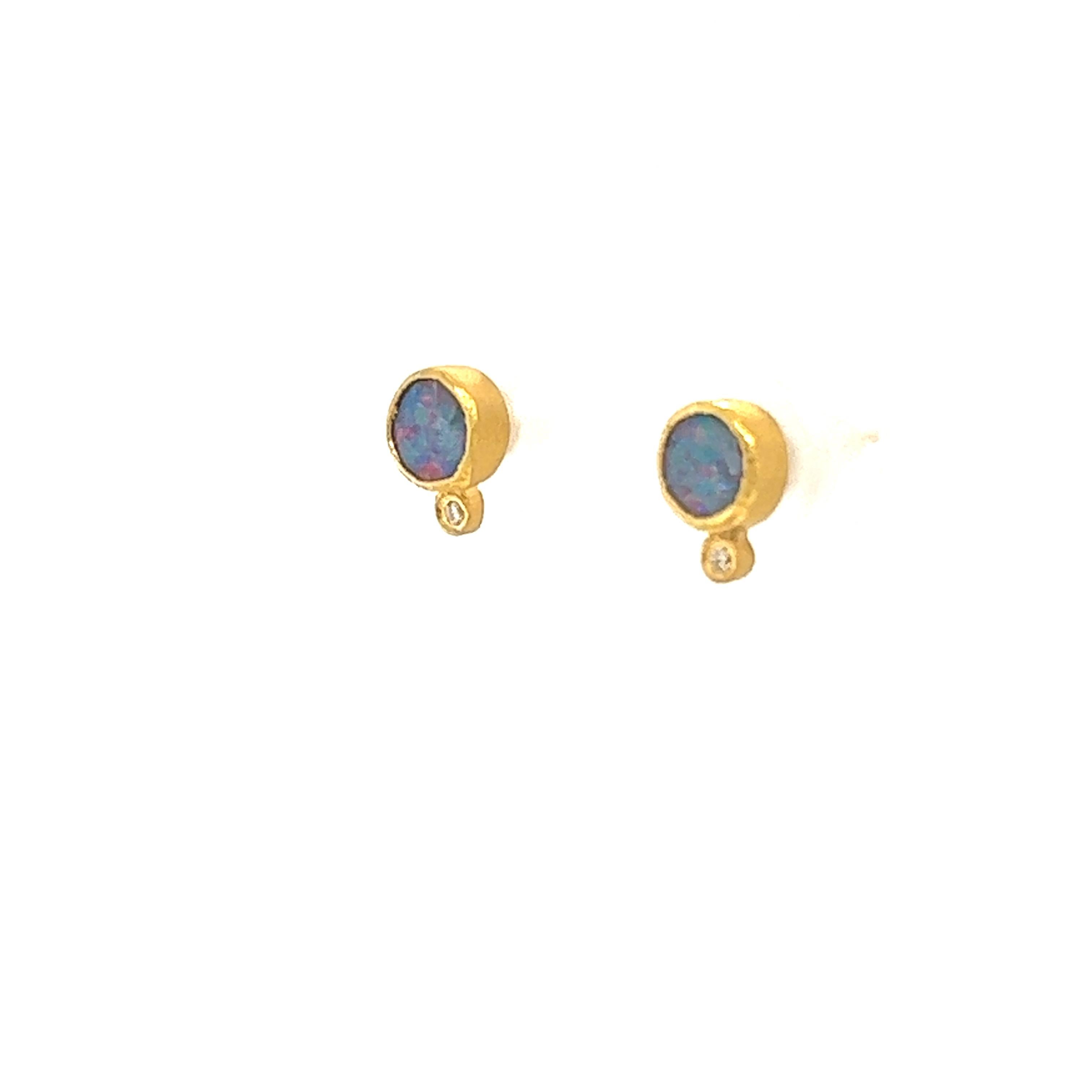 Round Cut Bright Rainbow Opal Stud Earrings with Diamonds, Solid 24K by Kurtulan