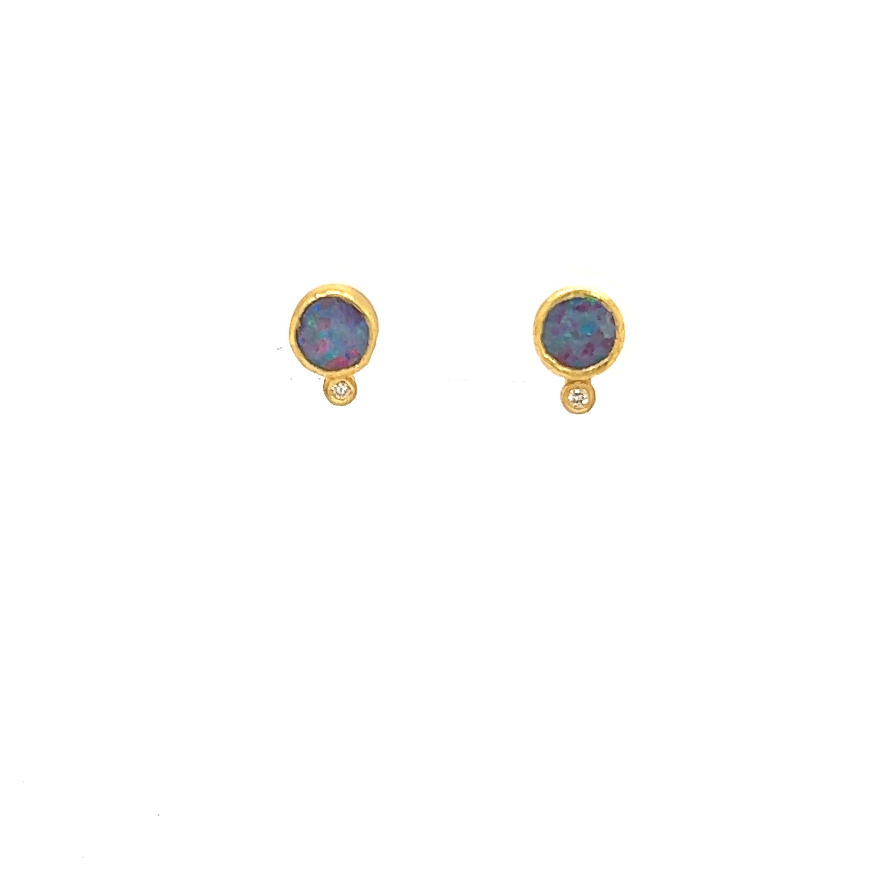 Bright Rainbow Opal Stud Earrings with Diamonds, Solid 24K by Kurtulan In New Condition In Bozeman, MT