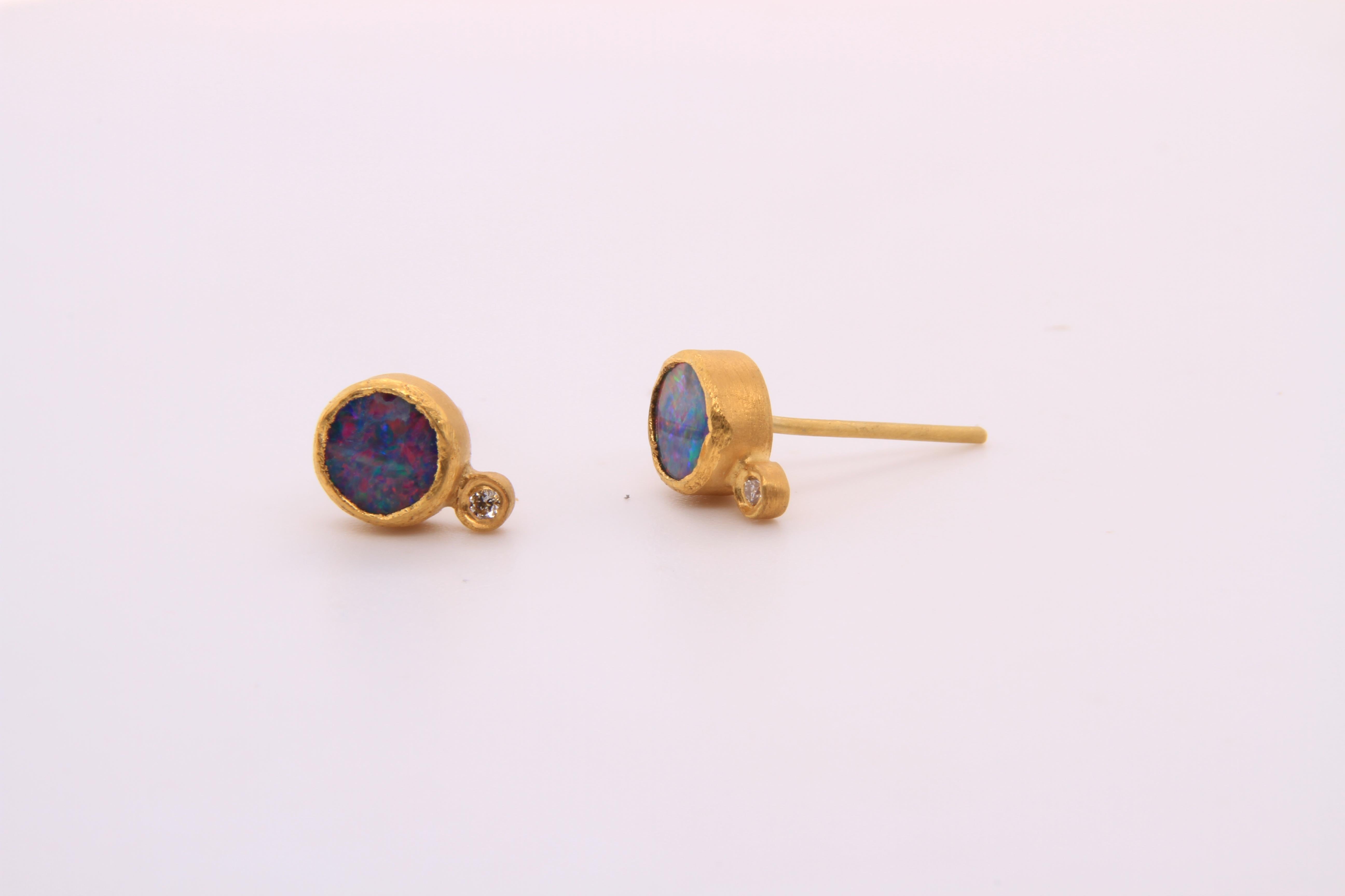 Women's or Men's Bright Rainbow Opal Stud Earrings with Diamonds, Solid 24K by Kurtulan