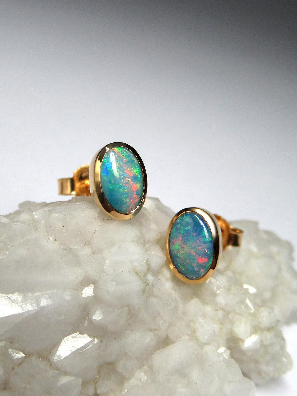 Artisan Opal Studs 18K Gold Earrings Natural Australian Opal For Sale
