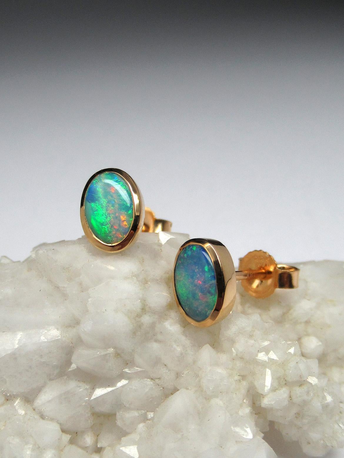 Oval Cut Opal Studs 18K Gold Earrings Natural Australian Opal