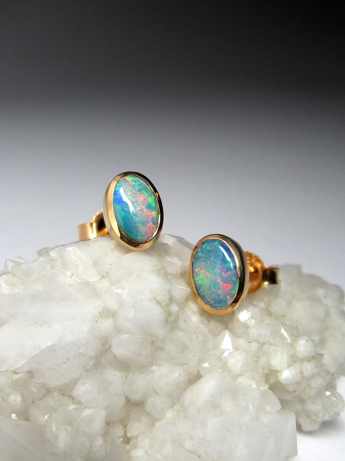Women's or Men's Opal Studs 18K Gold Earrings Natural Australian Opal