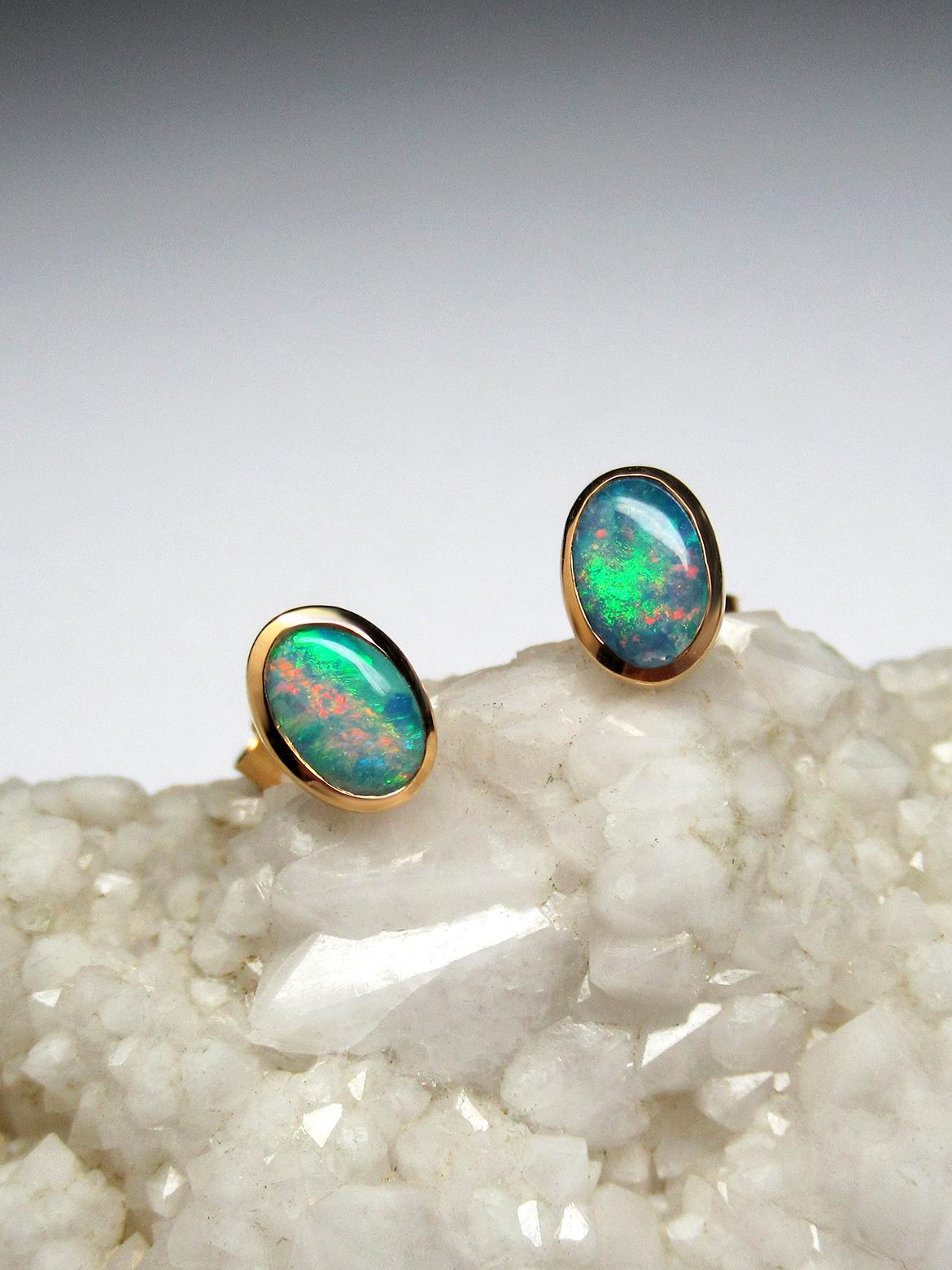 Opal Studs 18K Gold Earrings Natural Australian Opal For Sale 2